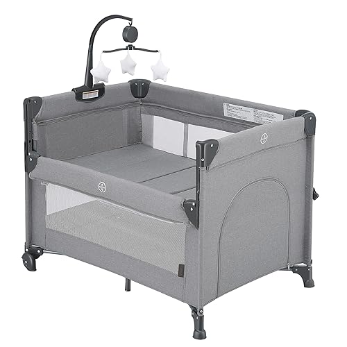 Corralito de bebé 2 en 1, Pack and Play Moisés, Cuna Portátil de Plegado Fácil con Móvil Musical para Recién Nacidos a Niños Pequeños (Gris) Gris