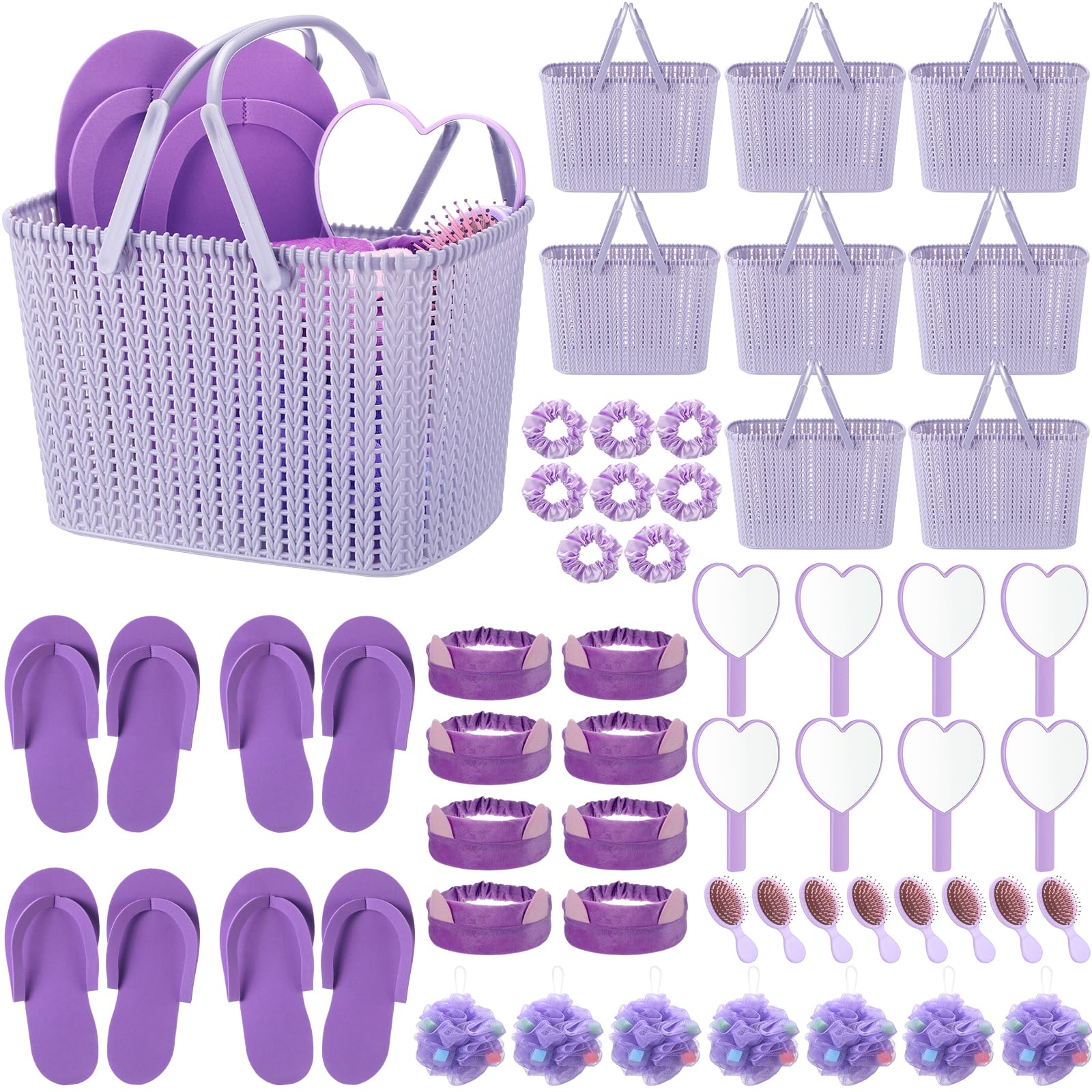 Pickmesh 8 Sets Purple Spa Party Supplies Sleepover Party Favors with Basket Heart Mirror Headband Satin Scrunchies Hair Brush Loofah Disposable