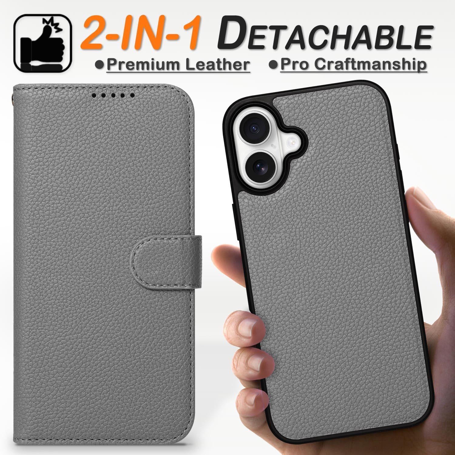 Wallet Case for iPhone 16 Plus with 4 Card Holder, Detachable 2 in 1 Leather Wallet Flip Folio Case, RFID Blocking, Wireless Charging, Microfiber Lining, Durable, for Women/Men (Mystic Gray)