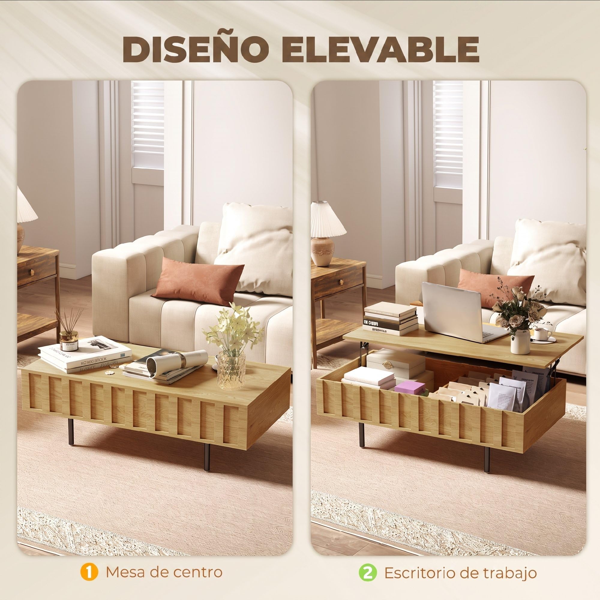 HOMCOM Mesa de Centro Elevable con 2 Compartimentos 110x55x36,5 cm Roble | Mesa de Café para Salón, 2 Compartimentos Ocultos, Patas de Metal, Sala de Estar, Comedor