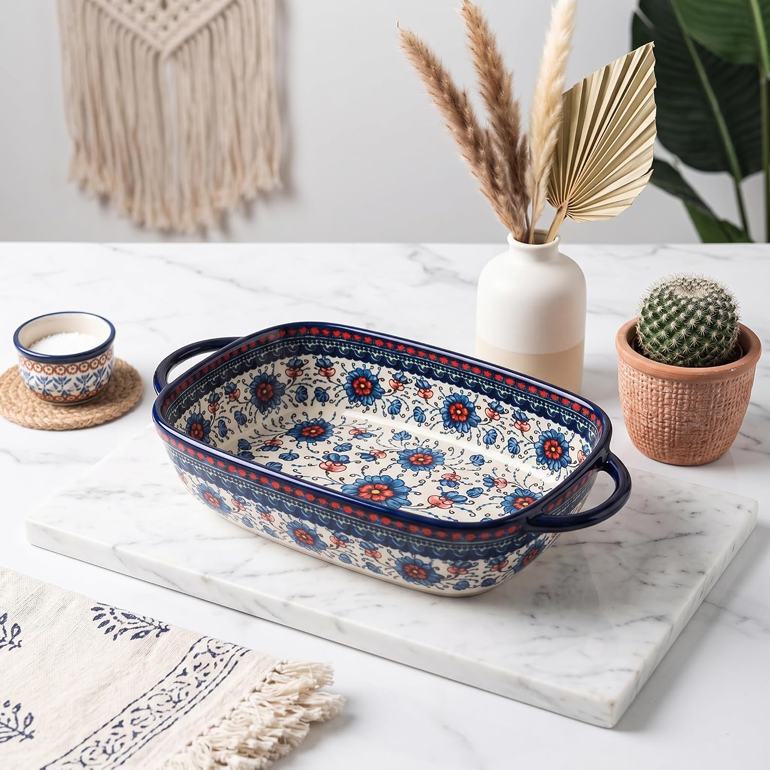Ceramic Baking Dish with Handles, ceramic bakeware，Hand-painted Polish Pottery Baking Dish Set of 2,Baking Pan Lasagna Pan, Rectangular, Floral Pattern,baking tray Oven Safe 13.22x7.5x2.8 In (blue)