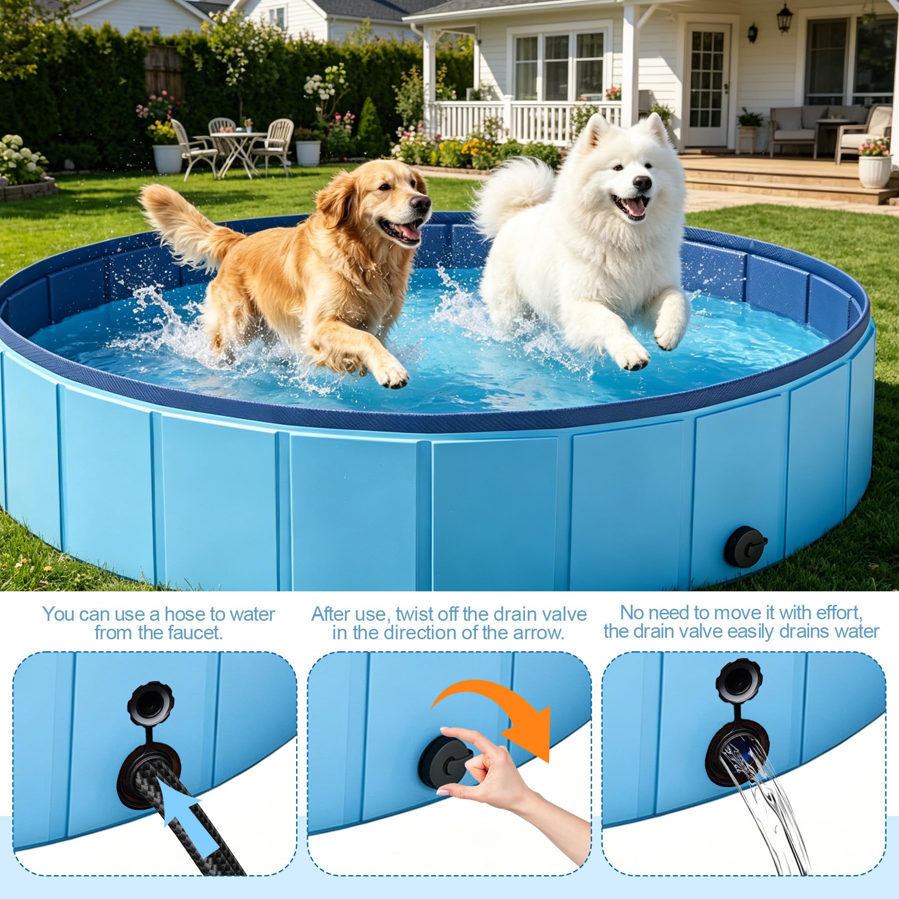 VEEKAY Hundepool Faltbar,100 x 30CM Hundepools für Kleine,Mittelgroße,Zusammenklappbarer Robuster Wasserdichter Schwimmpool für Kleine,Schnelle Entwässerung,Anti-Rutsch Badewanne