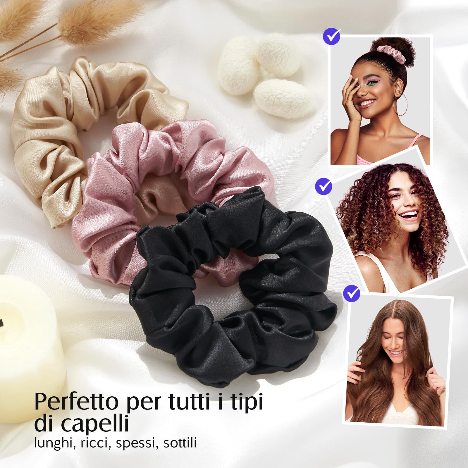 Umisleep Set di 3 scrunchies in seta al 100% per donne, morbidi elastici per capelli per meno crespi e rottura, elastici per capelli senza impronte (rosa+nero+champagne)