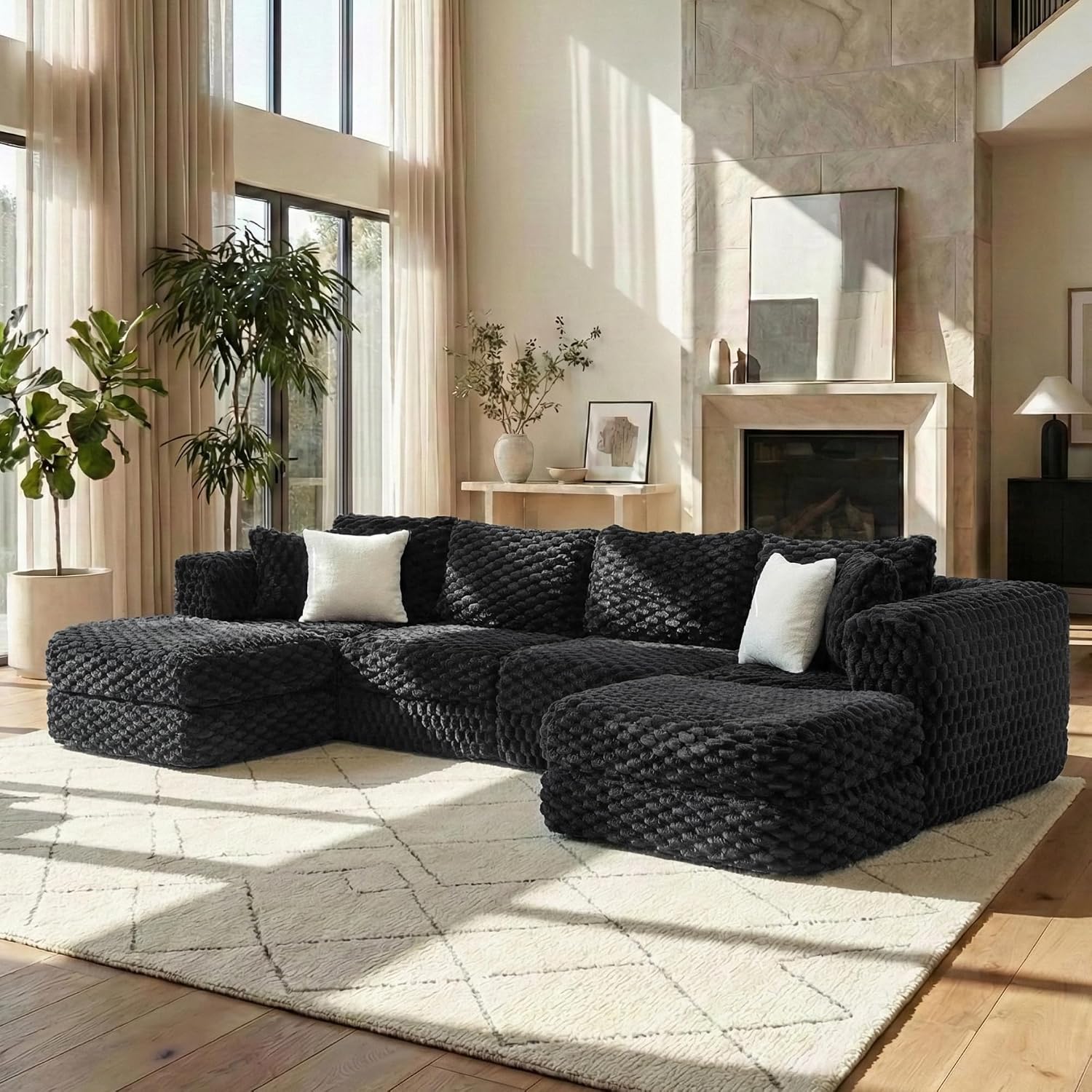 P PURLOVE Modular Sectional Sofa Boneless Sofa Couch with Two Movable Ottomans for Living Room (Black)