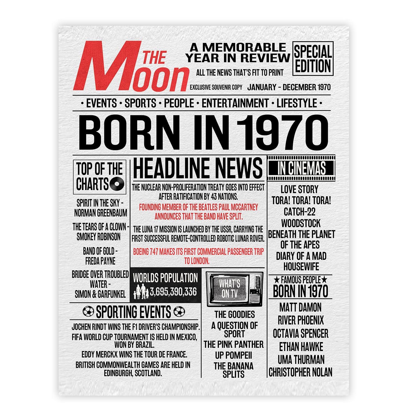 Stuff4 Men's 1970 56Th Birthday Poster Unframed - Born In Newspaper - Happy 56Th Birthday Gifts For Wo Vintage Retro Back In 8X10 Inch Bday Party Decor Decoration