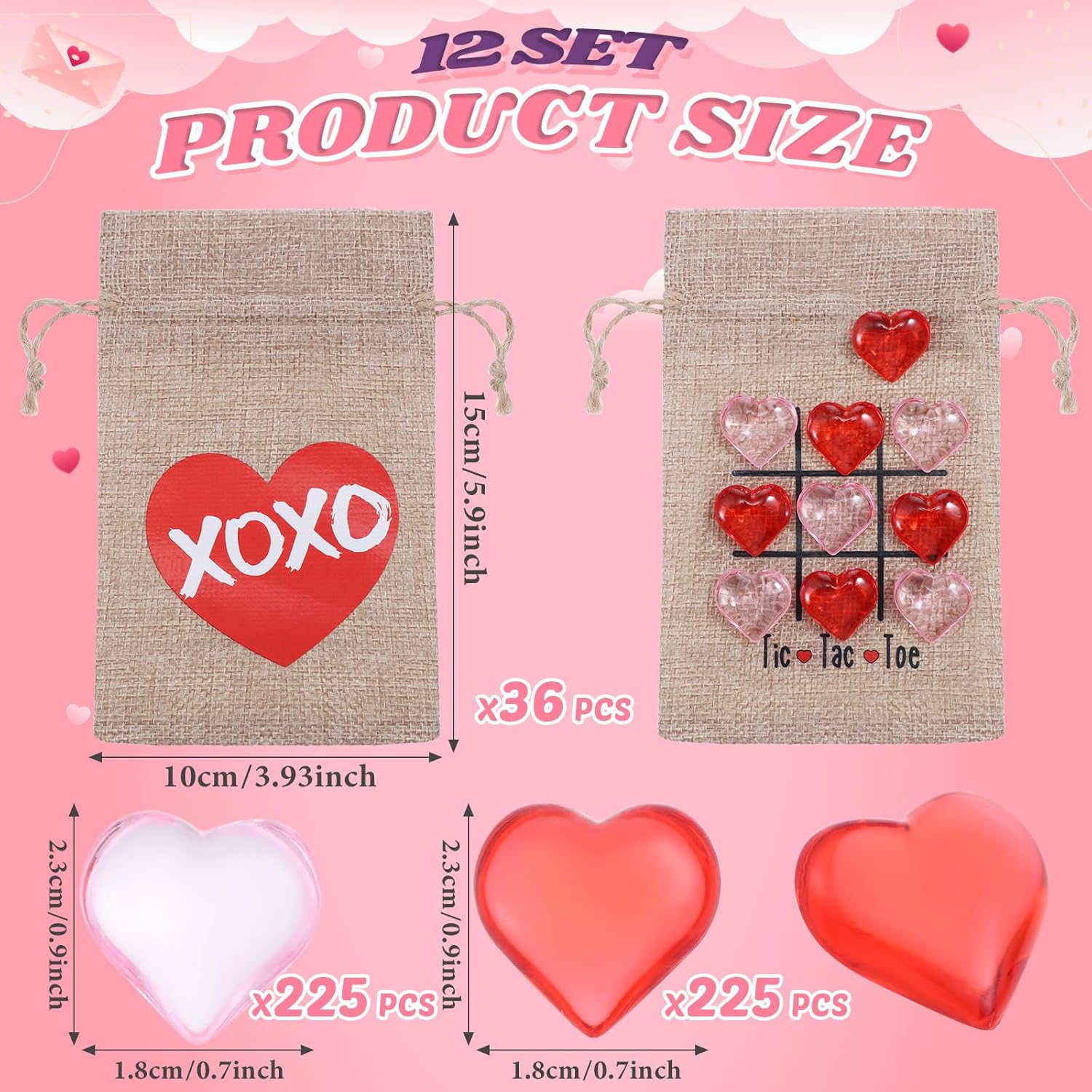 Woanger 36 Set Valentine Tic Tac Toe Bag 4 x 6 Linen Storage Bag with 450 Pink Red Acrylic Heart Valentine Vase Filler Heart Shaped Beads Table Scatter Decoration for Valentine‘s Day Party Game