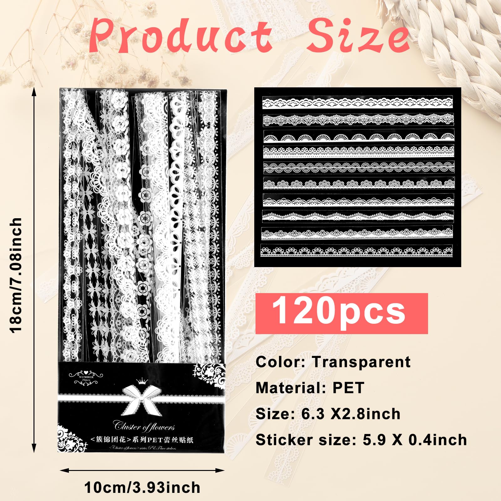 120 Stück Spitzen-Scrapbook-Aufkleber, Vintage-PET, weiße Spitze, Scrapbooking, Verzierungen, starke Viskosität, Schnürsenkel, Washi-Tape für Hochzeit, Tagebuch, Basteln, Fotorahmen
