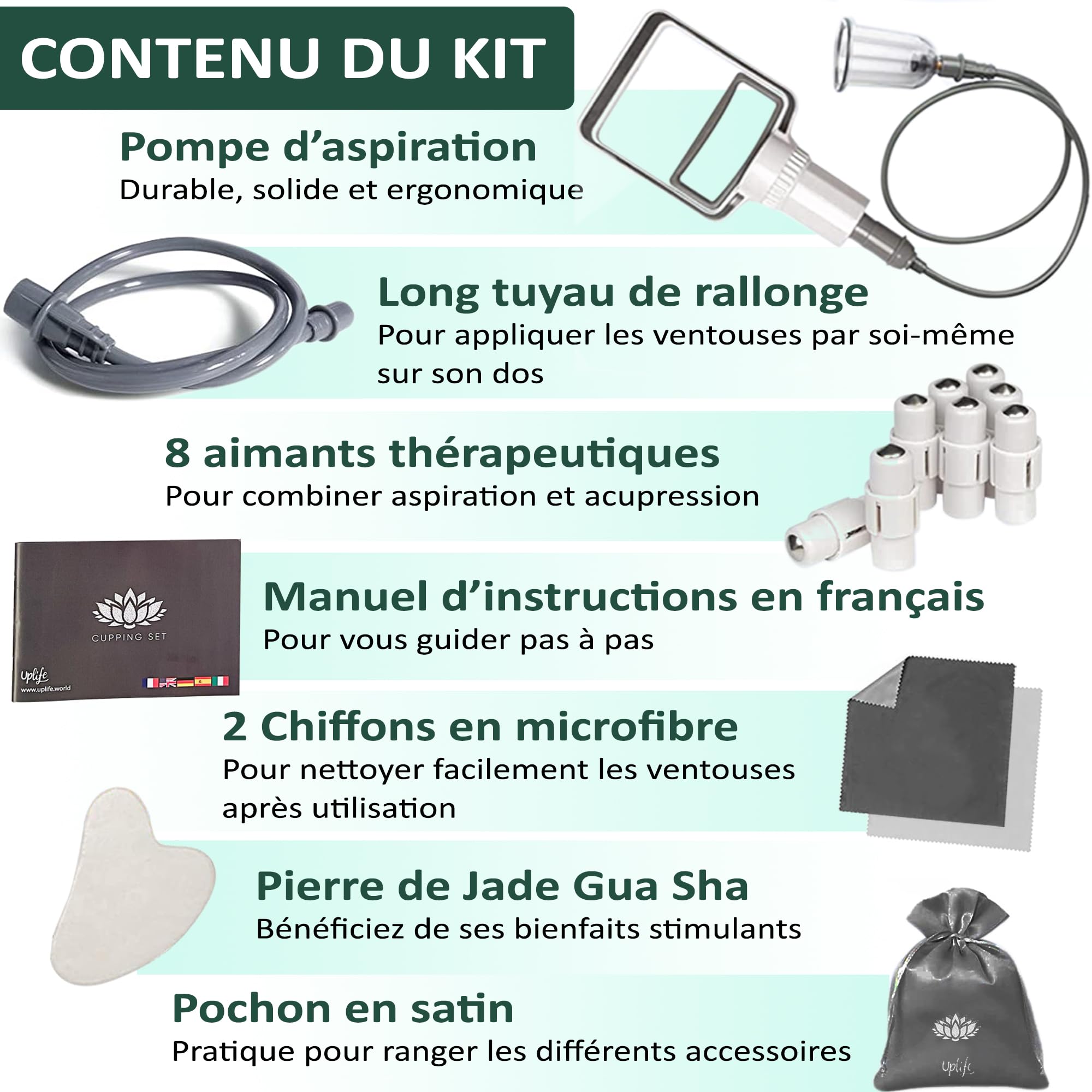Uplife Kit de 12 Ventouses Thérapeutiques -Instructions en Français- Ventouses Chinoises et Kiné pour Massage Anti Cellulite et Cupping - Ventouses Dos et Kinesithérapie - Kit Hijama Professionnel