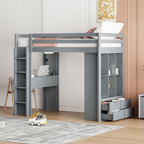 Miniatura 19 de Cama tipo loft de tamaño individual con 3 estantes, 2 armarios y 2 cajones, cama alta funcional con escalera de almacenamiento, marco de cama loft