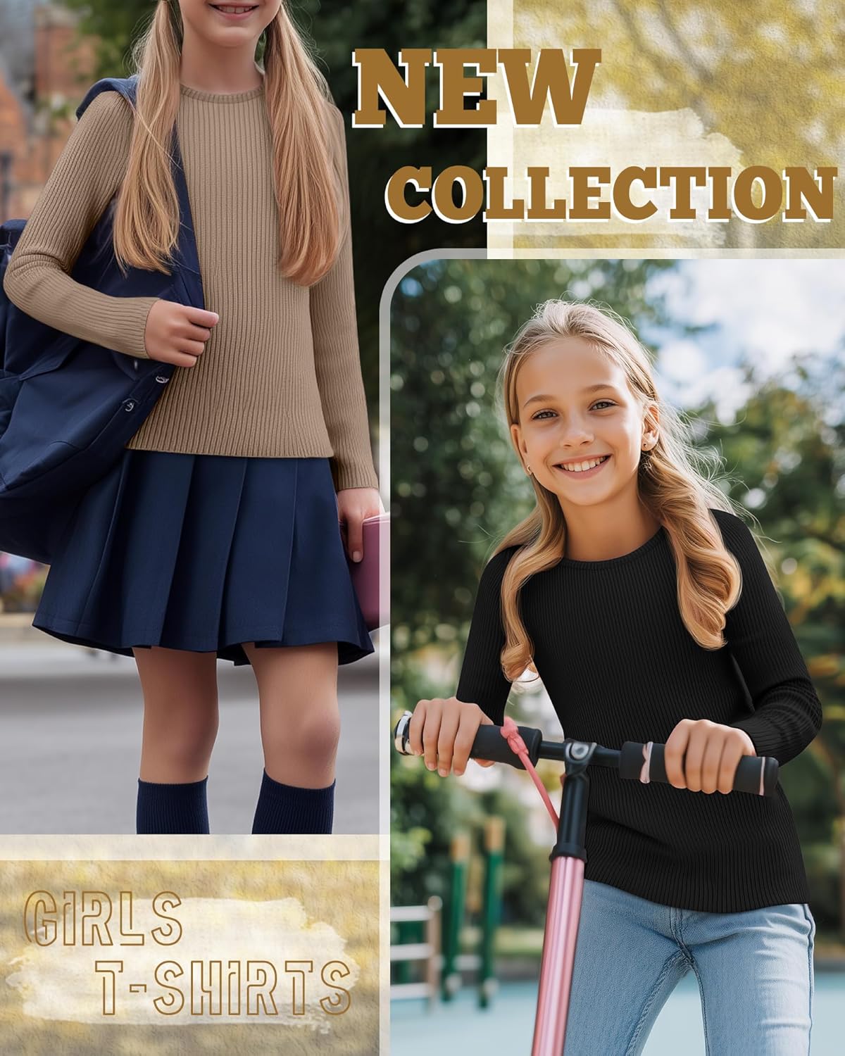 3 Pack Girls Long Sleeve Shirts Ribbed Knit Cotton Layering Tops Slim Fit Crewneck Casual Undershirts - Image 3