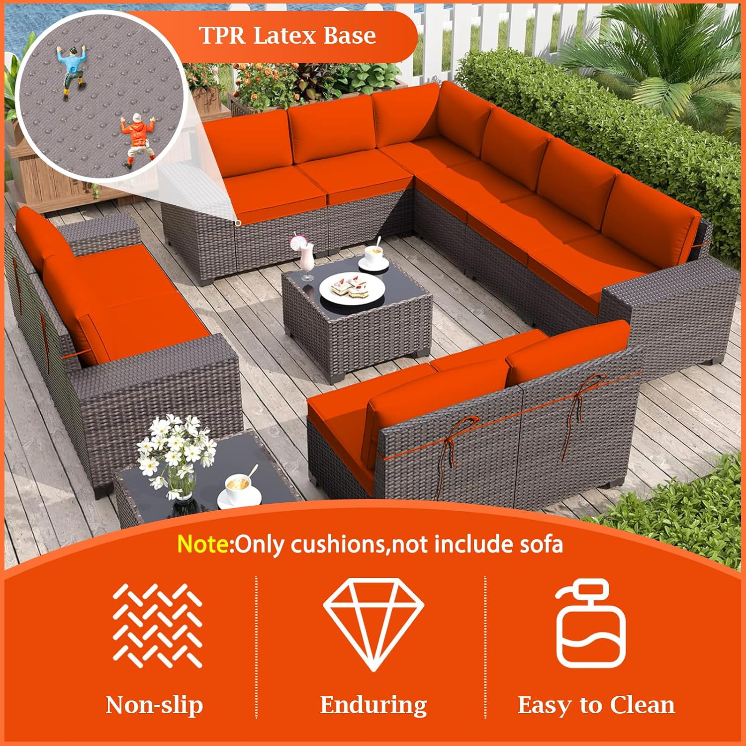 Outdoor Sectional Cushions, 14-Piece Waterproof Patio Furniture Cushions Replacement for 6-Seat Sectional Rattan Patio Conversation Sets