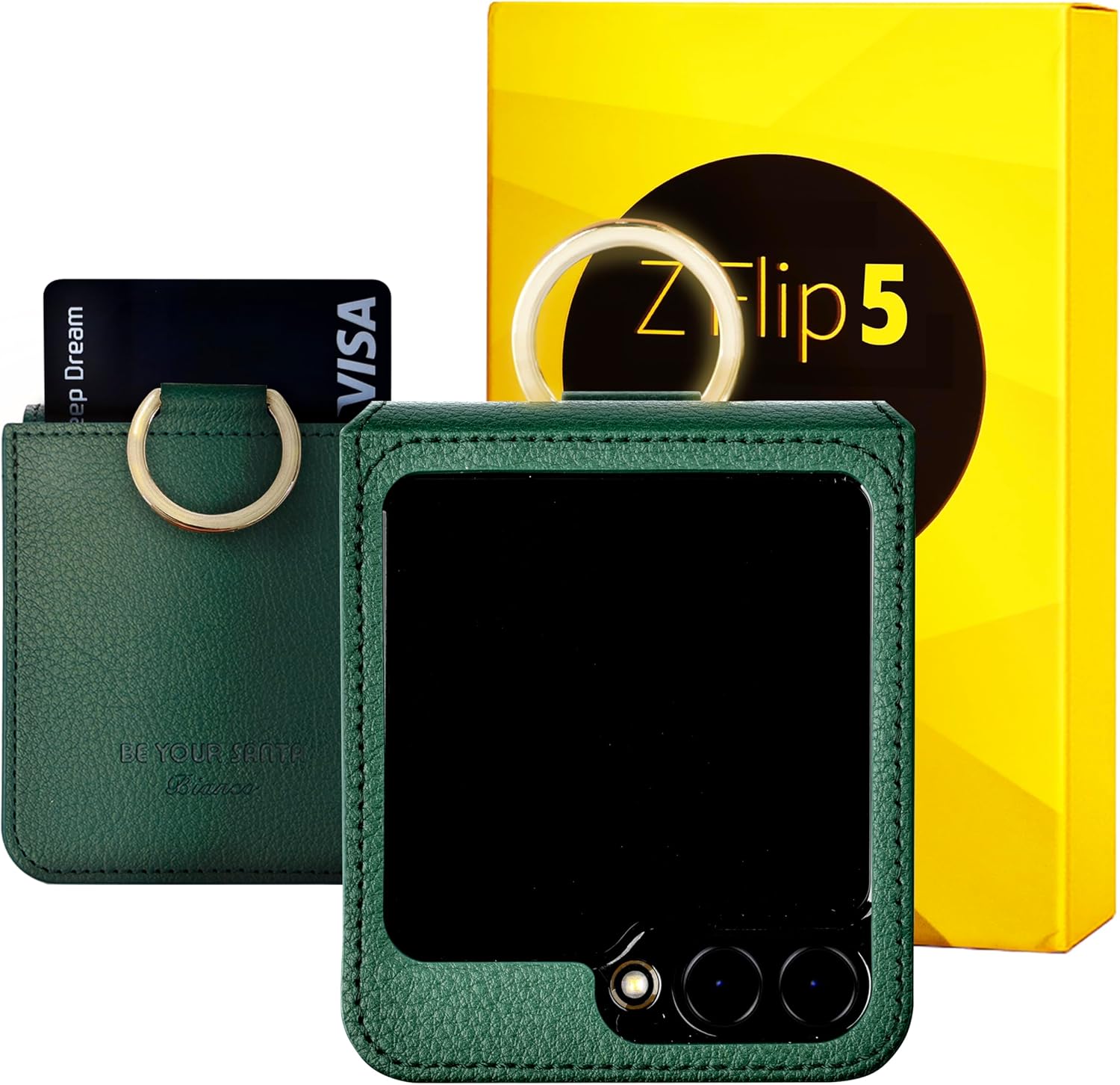 [BeYourSanta] Galaxy Z Flip 5 Case Bosco & Bianco with Card Holder, Camera Cover, and Hinge Protection - Italian Vegan Leather | Ring Holder, Wireless Charging (Green, Z Flip5 Bianco)