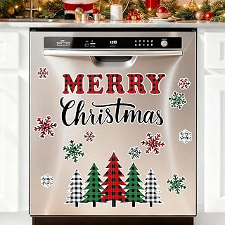20 Pcs Merry Christmas Dishwasher Magnets Xmas Plaid Tree Snowflake Kitchen Magnetic Stickers Decoration for Holiday Fridge Refrigerator Car Garage Door