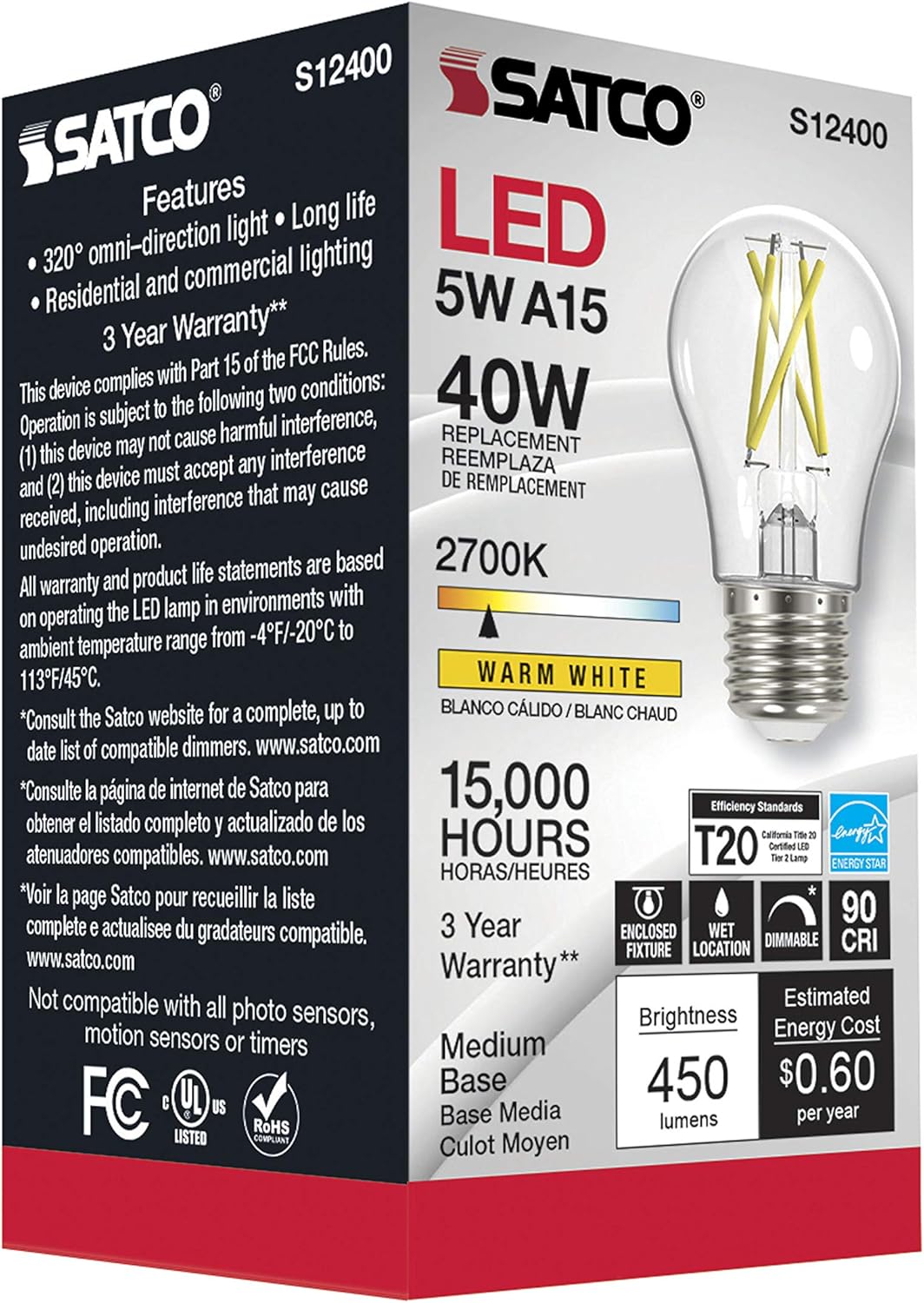 Satco (6 Pack) Vintage Edison Dimmable Led Filament Bulb, S12400, High Lumens, 5 Watt, A15; Clear; Medium Base; 2700K; 90 CRI; 120 Volt for use at Residential, Hospitality, Display and Commercial