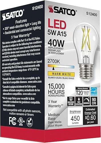 Miniatura 5 de Satco Paquete de 24 bombillas de filamento LED Edison regulables vintage, S12400, lúmenes altos de 5 vatios, A15; transparente; base media; 2700 K;