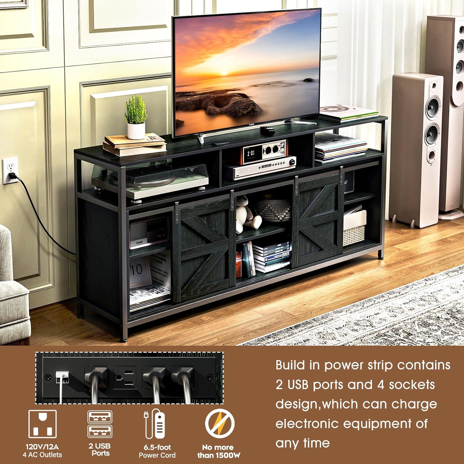 Mid Century Modern Black TV Stand with Sliding Barn Doors, Charging Station, LED Lights, and Storage Shelves for up to 70 inch TVs