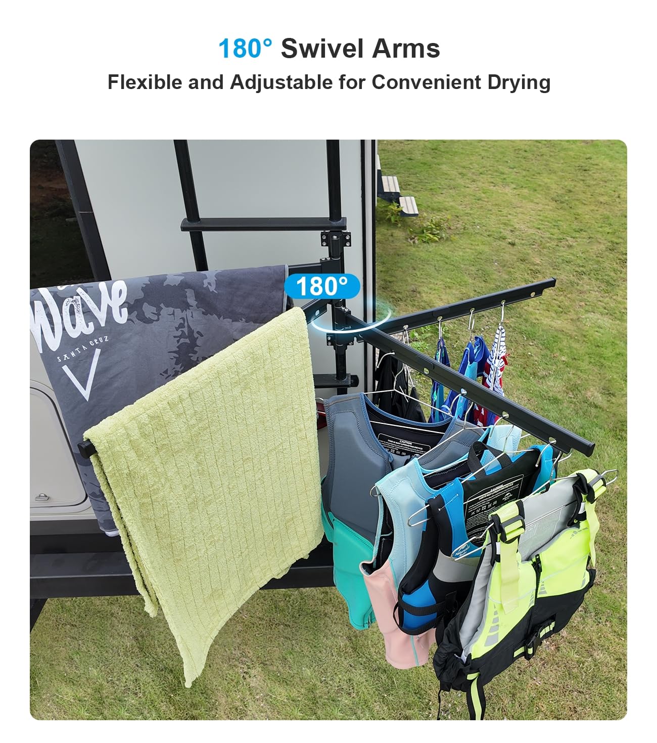 Estante de secado de ropa de aluminio para caravana, montado en escalera, brazos giratorios de 24 pulgadas de largo y 180°, accesorios esenciales para remolques de viaje y campistas 2