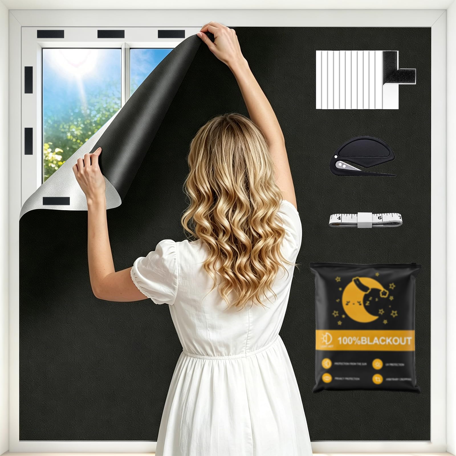 Dalimee Blackout Blind No Drill for Windows, Portable Blackout Roller Blind Stick On, Cut to Size, Complete Light Blockage and Easy Fit, Fit for Bedroom, Attic, Baby Room, Hotel, etc. 100x145CM