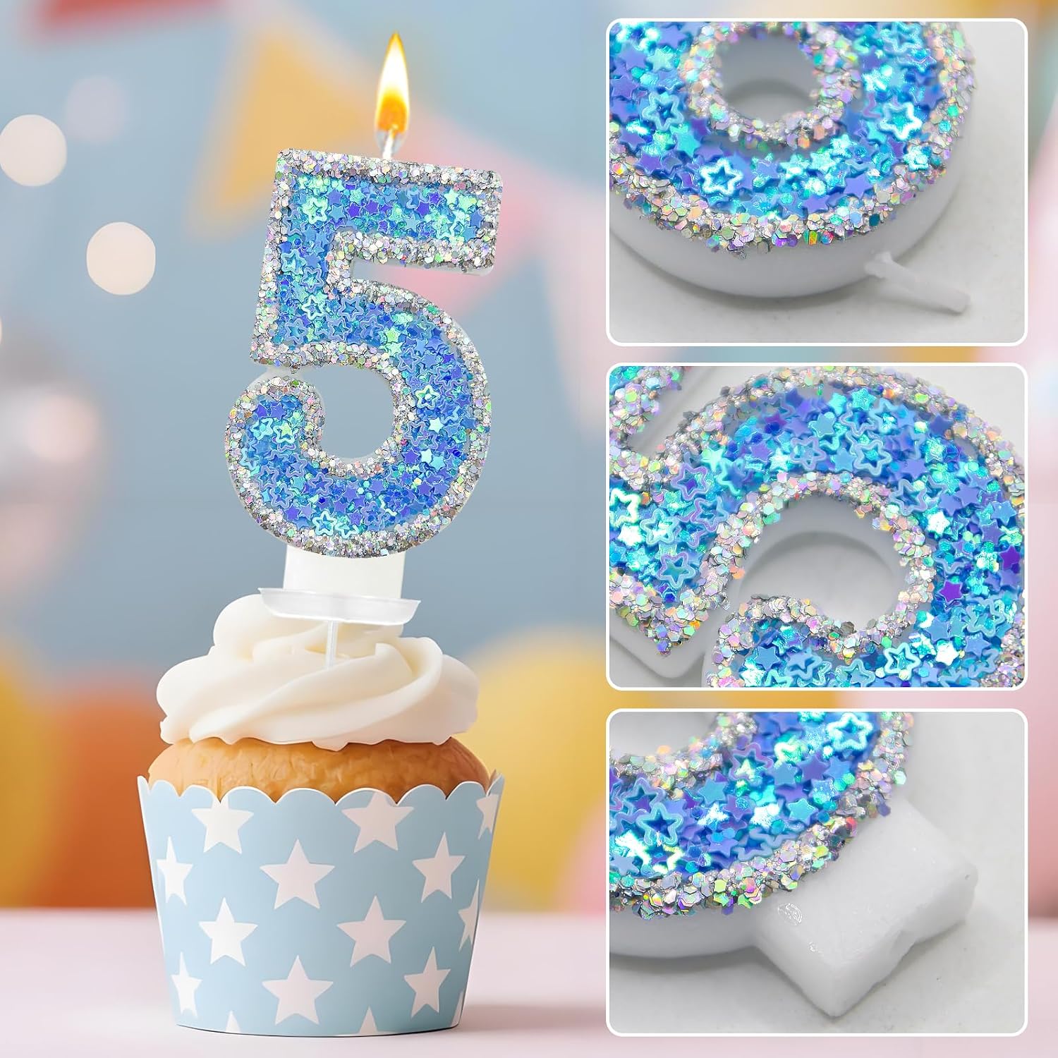 Blue Star Number 5 Candle for Cake Decoration, Glitter Star Cake Topper, Shaker Style Number Candle for Anniversary Celebration Party Supplies image 3