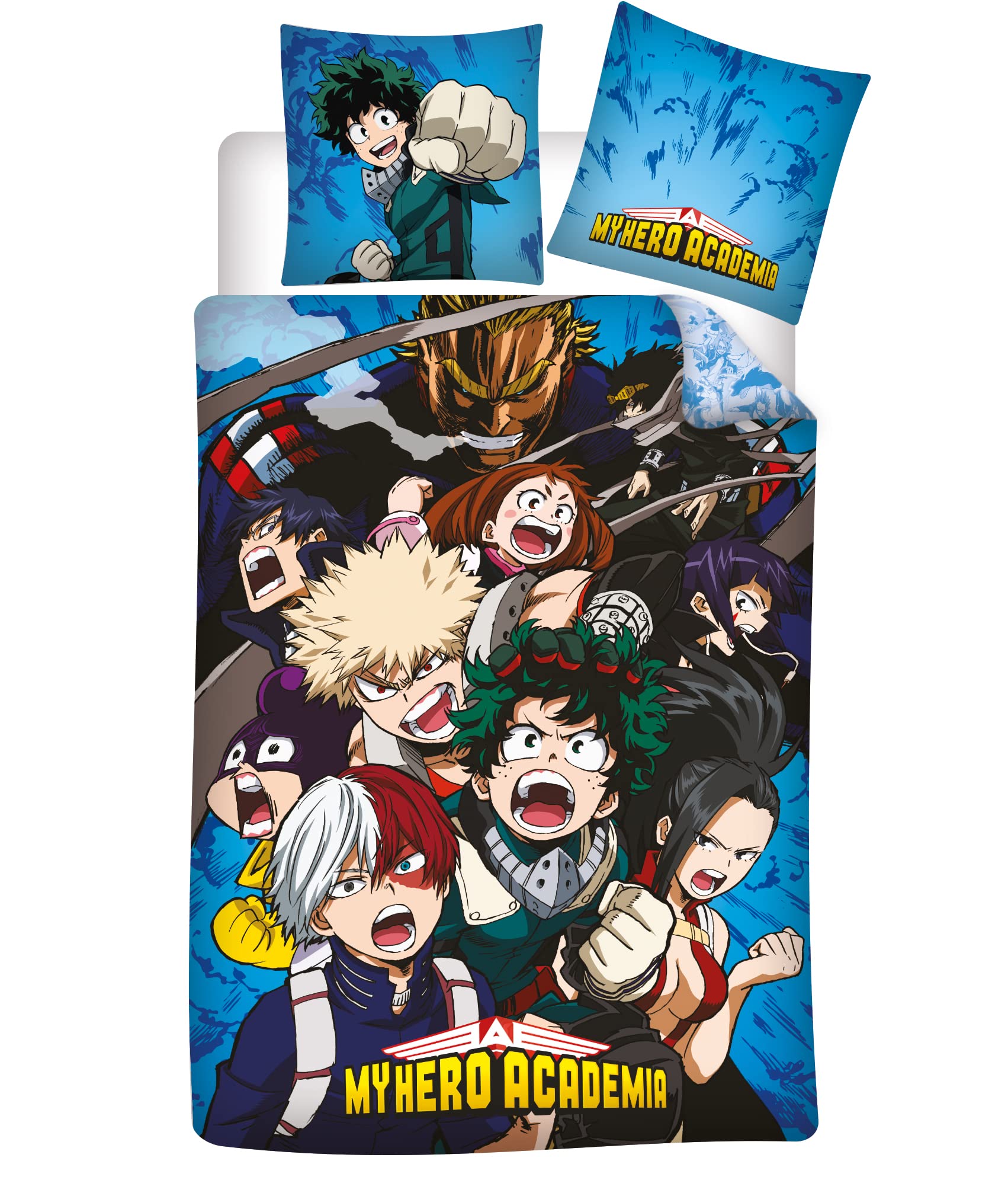 My Hero Academia - Set copripiumino matrimoniale con 2 federe, 3D Print Big Collection, set di 3 pezzi, morbido, set di federe in tre pezzi, resistente alle pieghe e scolorito