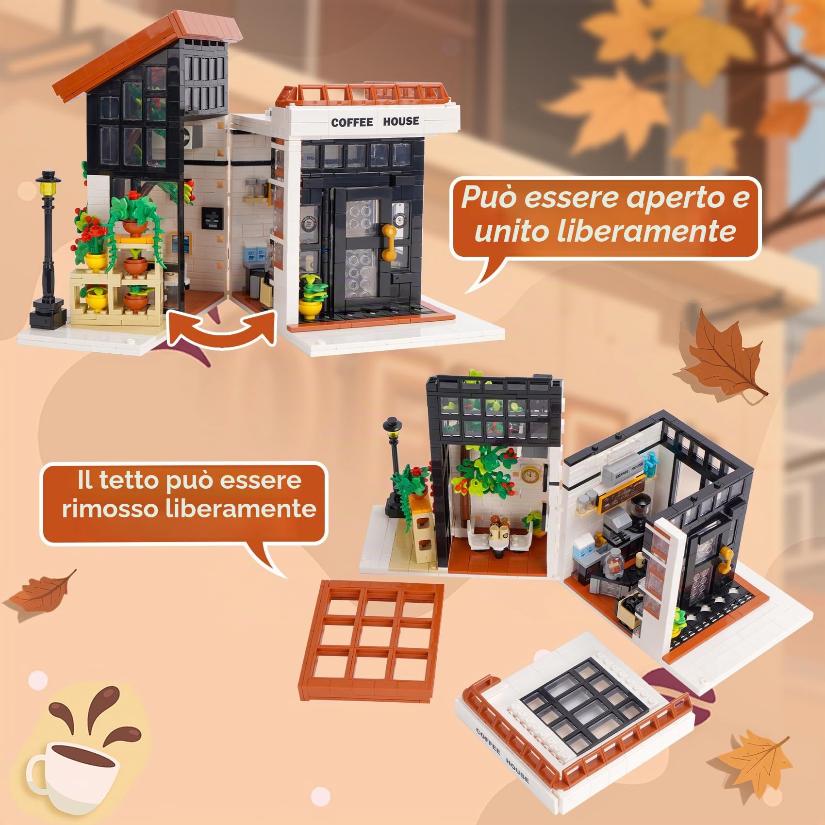 Caffè Casa Set di Costruzione, 1512PCS Caffè della Città Modello di Costruzione Decorazione per la Casa Giocattolo di Architettura Casa Vista Stradale Creativa(Caffetteria)