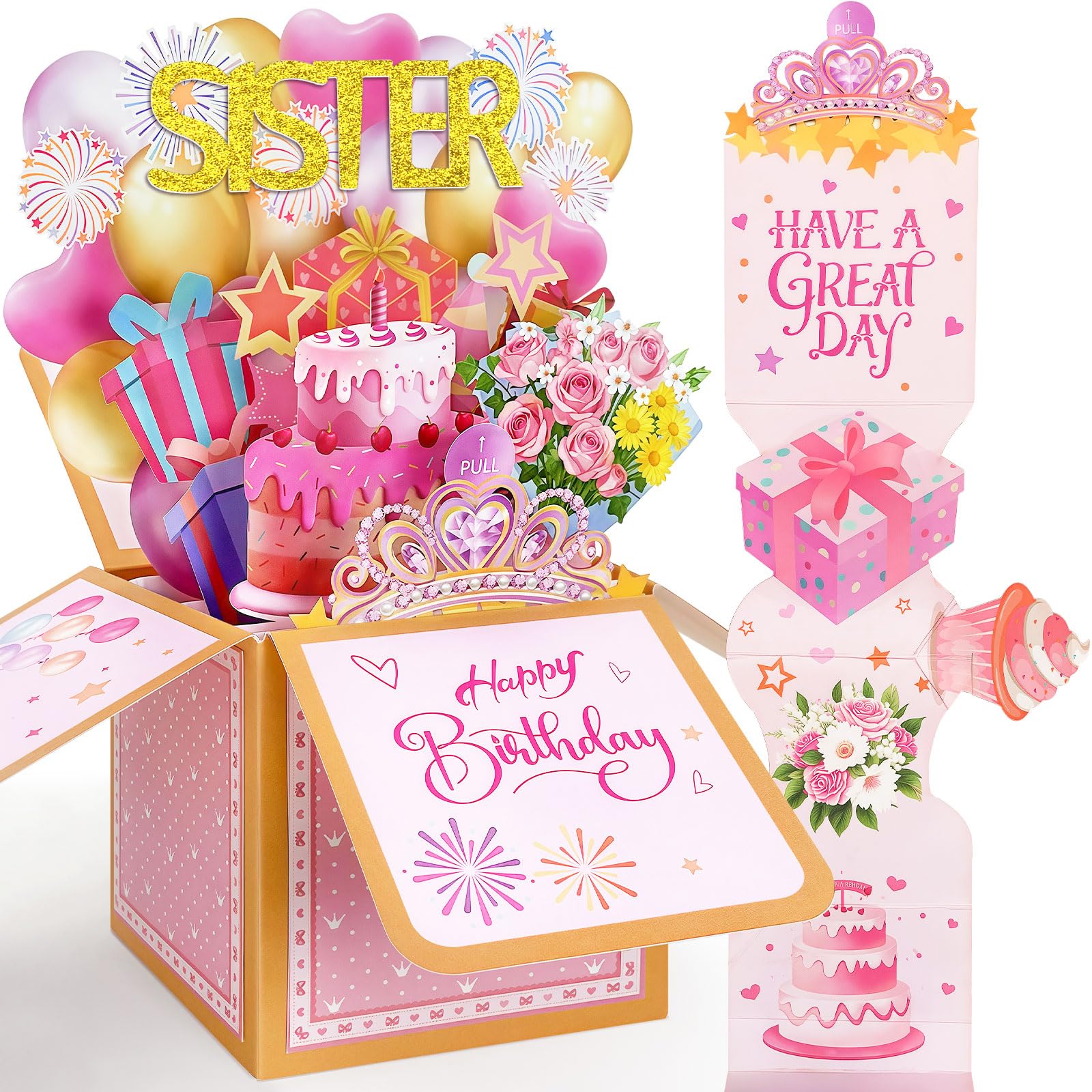 YianHien Sister Birthday Card, 3D Pop Up & Pull-Out Gift Box Design, Happy Birthday Sister Card with Cake Bouquet & Crystal Tiara Decorations, Special Birthday Gifts for Sister