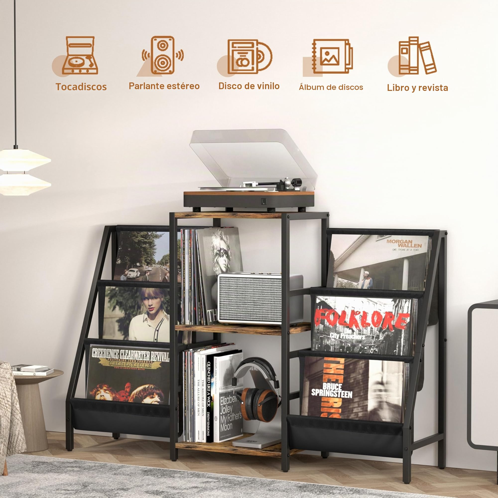Bikoney Tocadiscos de Vinilo Stand, Mueble Tocadiscos con Almacenamiento de Vinilo hasta 280 Albumes, Giradiscos Estante Soporte Reproductor Vinilo de Almacenamiento de Vinilos Media Estéreo