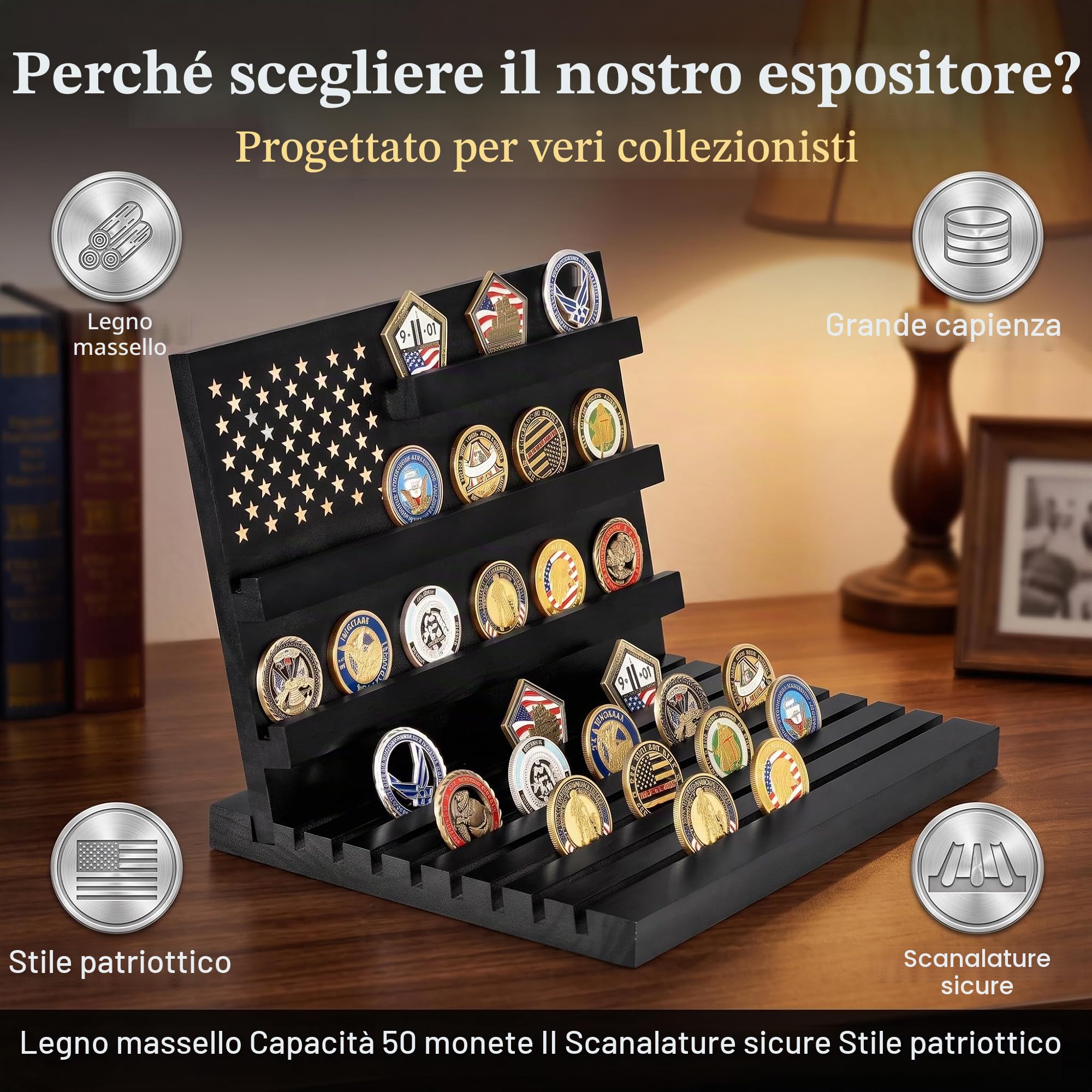 Porta Medaglie in Legno Massello, Espositore Inclinato per Medaglie e Monete da Collezione, Porta Monete da Collezione con Capacità 15-18 Oggett,Vetrinetta per Oggetti da Collezione