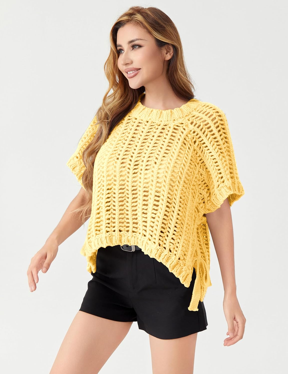 Womens Crochet Knit Sweater Vest Crop Top Cute Loose Fit Short Sleeve Side Bow Tie Hollow Out Pullover Tank Tops - Image 2