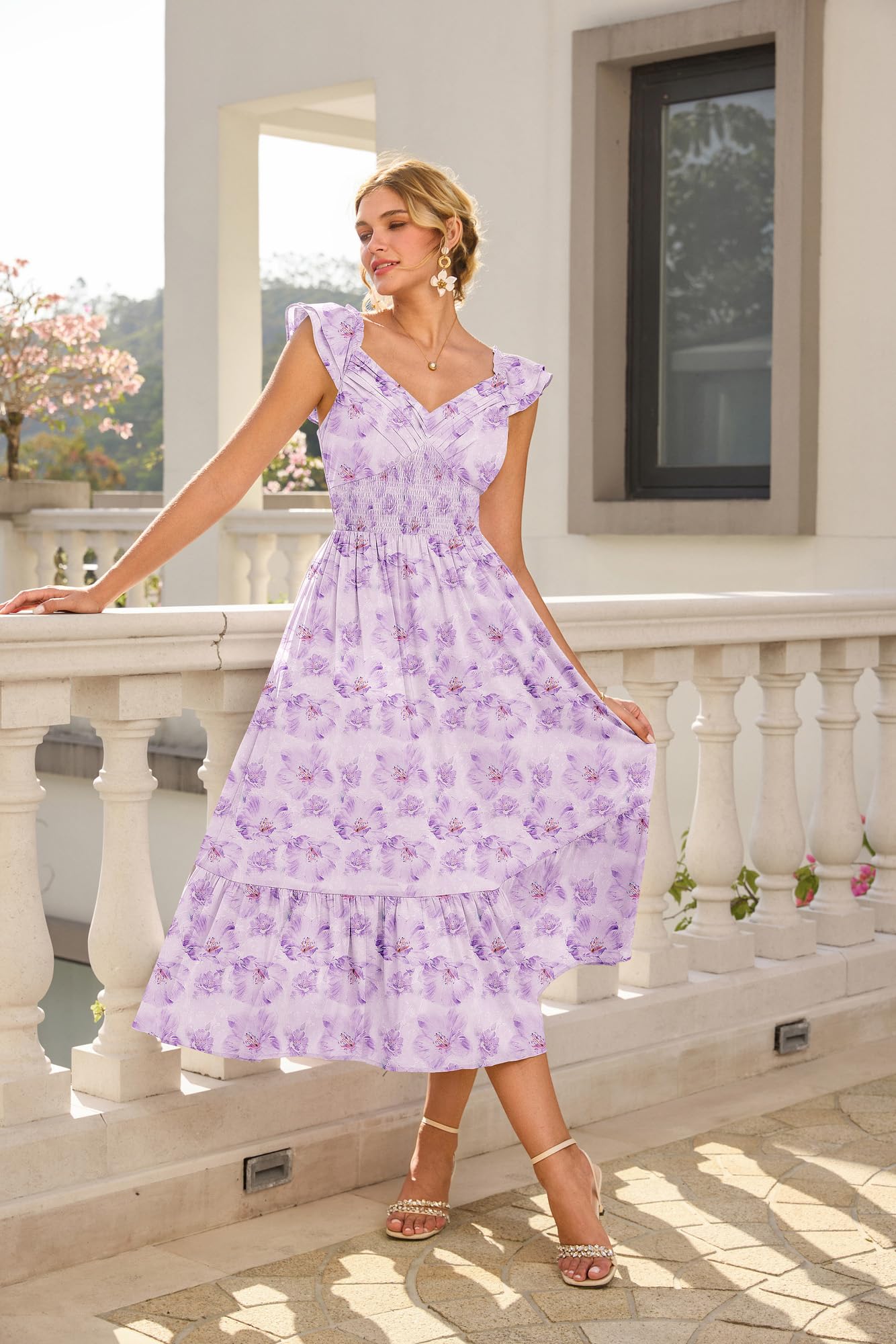 GRACE KARIN Damen Elegant Blumenkleid, Rüschenärmel V-Ausschnitt Kleid Damen Sommer mit Tasche, Sommerkleid Damen Leicht Strandkleid