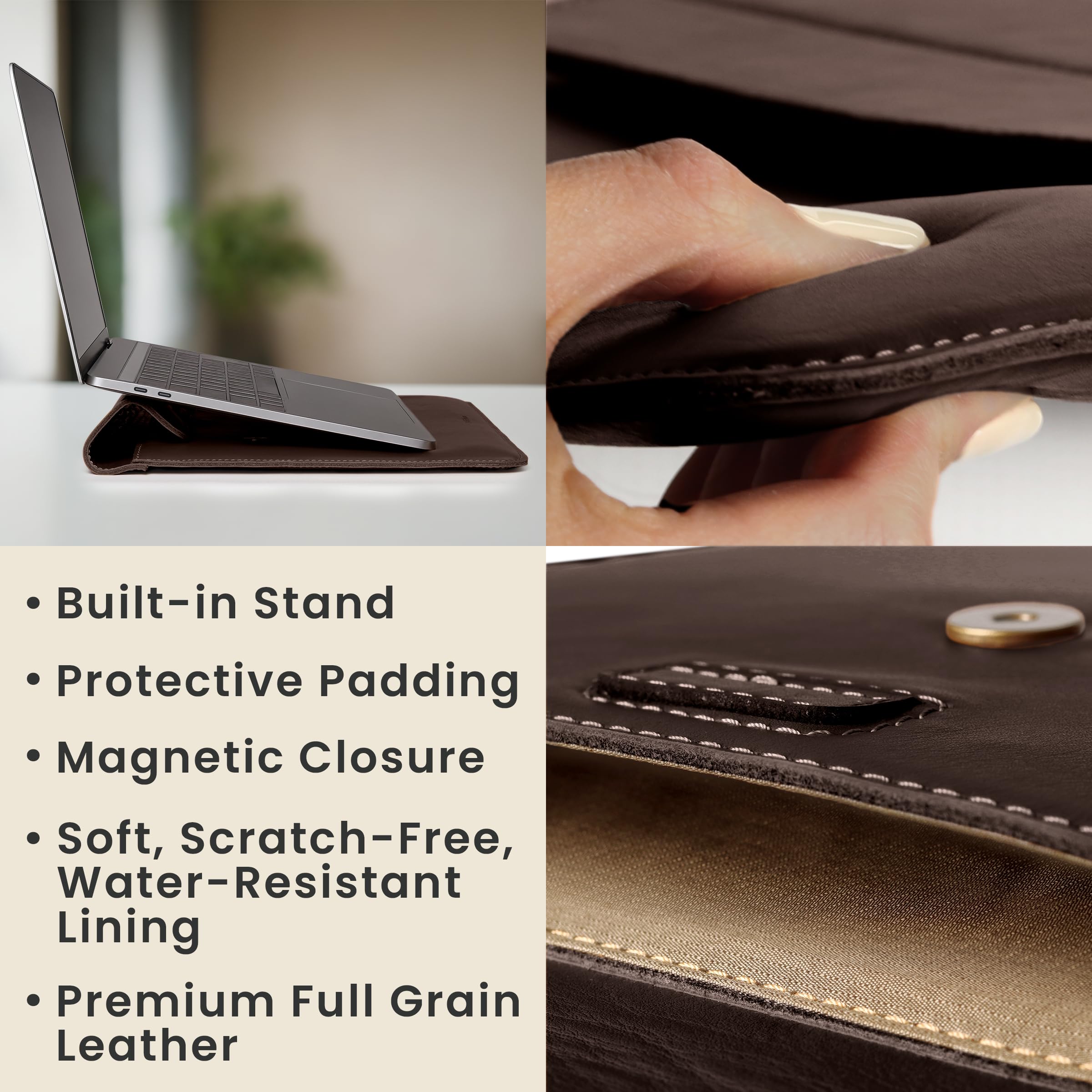Funda de piel auténtica de grano completo para laptop de 13, 14, 15 y 16 pulgadas, con soporte integrado y acolchado (para MacBook Air/Pro y otros portátiles de 13.3/13.6/14.2/15.6 pulgadas