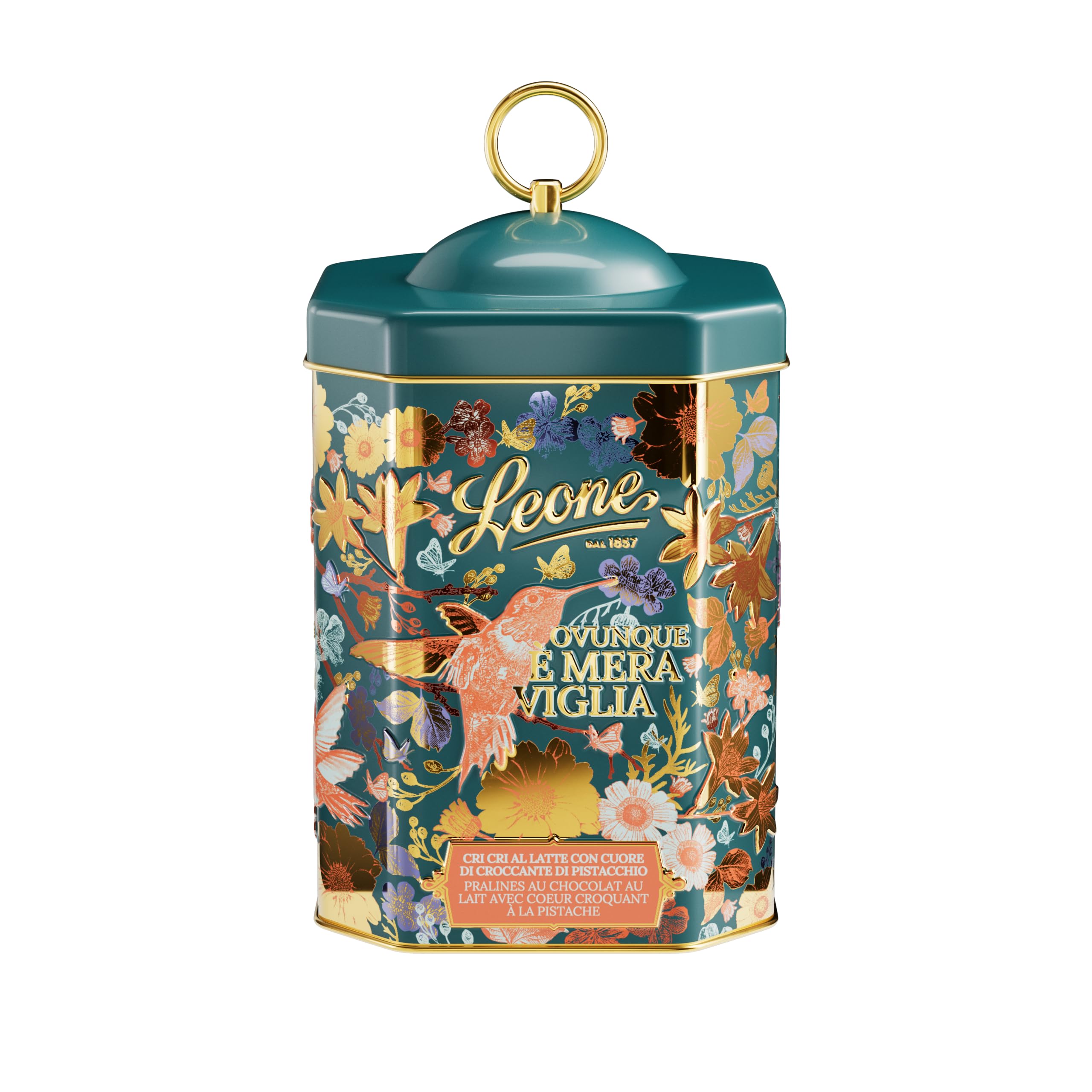 Leone dal 1857 - Latta Cri Cri Torinesi - Cioccolatini Leone al Gusto Pistacchio Misti latte e fondente - Praline di Cioccolato al Pistacchio Assortiti - Latta Lanterna Colibrì - Senza Glutine - 350g