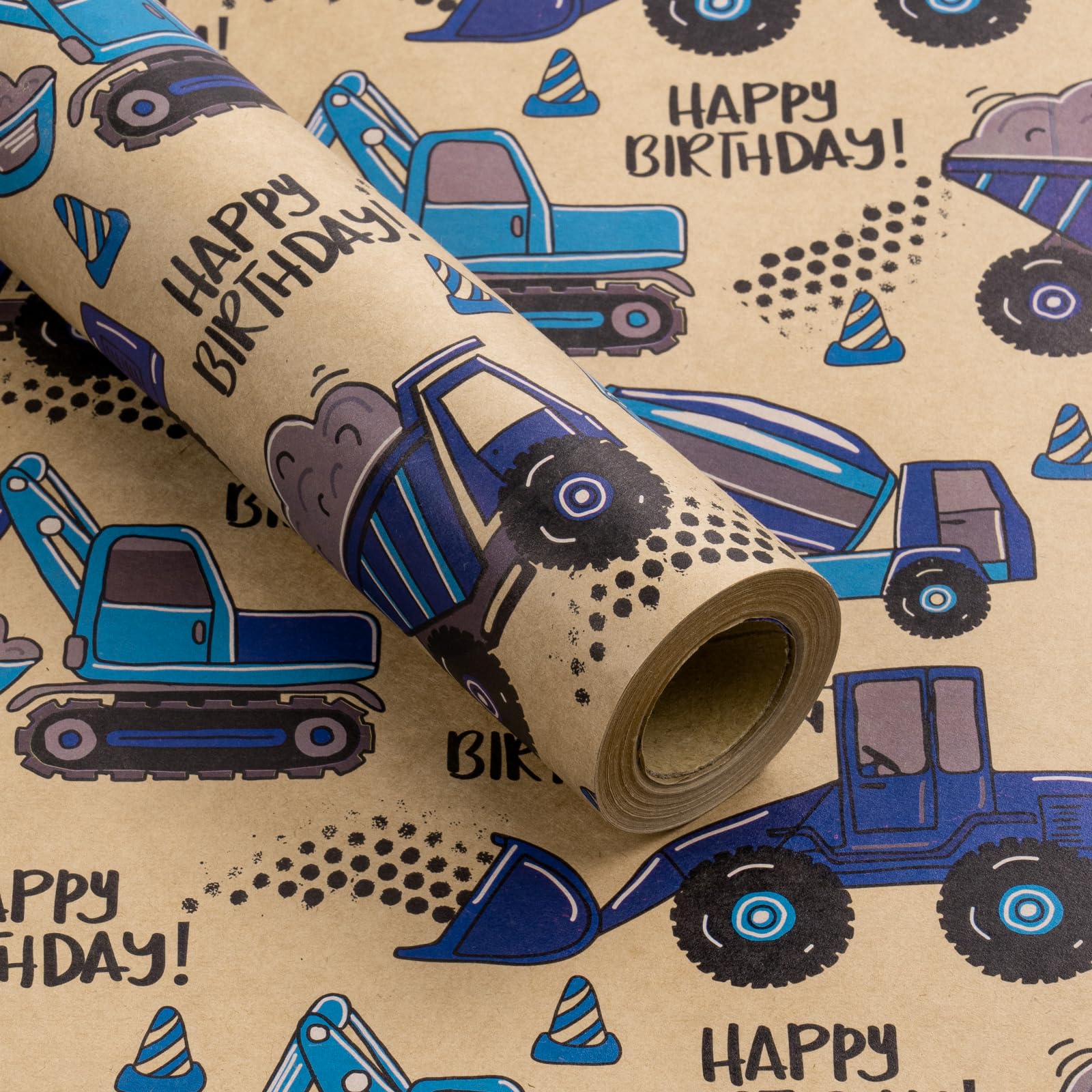 RUSPEPA Mini Roll Wrapping Paper, Blue Truck & HAPPY BIRTHDAY Text Design Kraft Wrap Paper - Great for Kids Boys Birthday, Truck Party - 17 Inches X