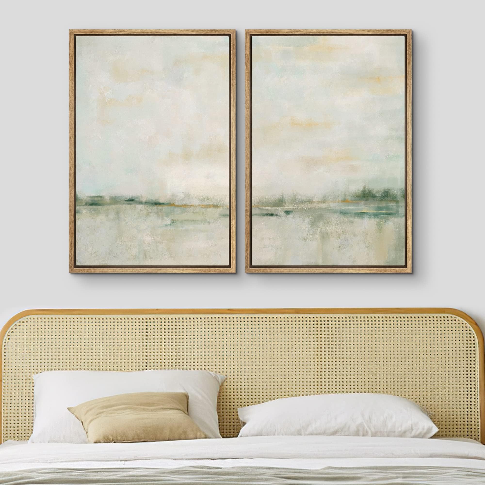 MUDECOR Framed Canvas Print Wall Art Set Watercolor Pastel Green Tan Landscape Abstract Shapes Illustrations Modern Art Decorative for Living Room, Bedroom, Office - 24"x36"x2 Natural — view 3