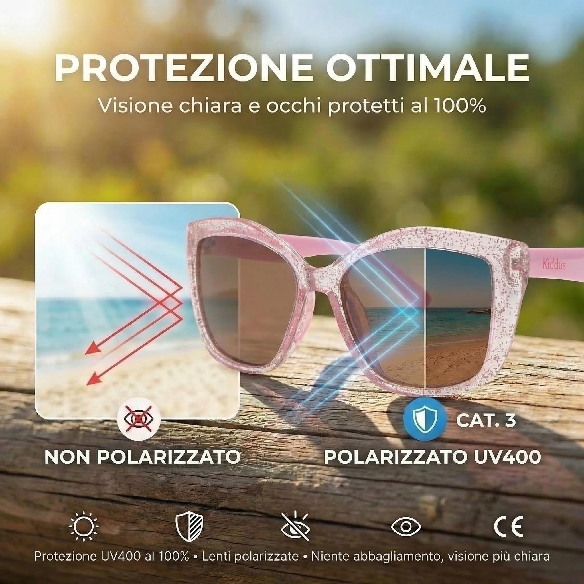 Kiddus Occhiali da Sole Bambina 4-8 Anni, Polarizzati UV400 CAT3, Montatura TR90 Flessibile, Aste in TPE, Ponte in Silicone, Certificazione CE ISO REACH