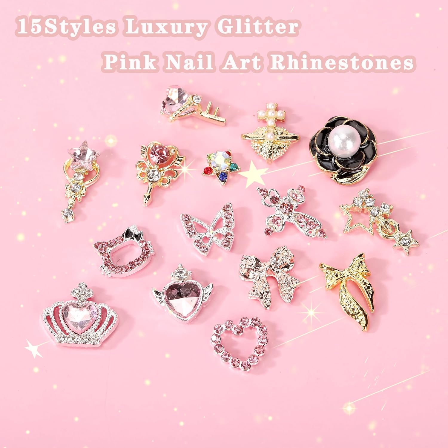 30PCS Nail Charms Y2k Alloy Nail Art Rhinestone Charms 3D Heart Star Bow Butterfly with Rhinestones Cross Flower Nail Gems Shiny Jewelry Planet Nail Decorations Accessories Supplies A - Image 3
