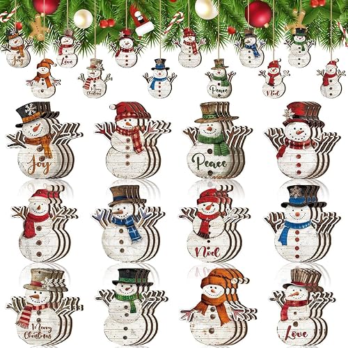 24 Pcs Christmas Vintage Snowman Wooden Ornaments Wood Hanging Decoration