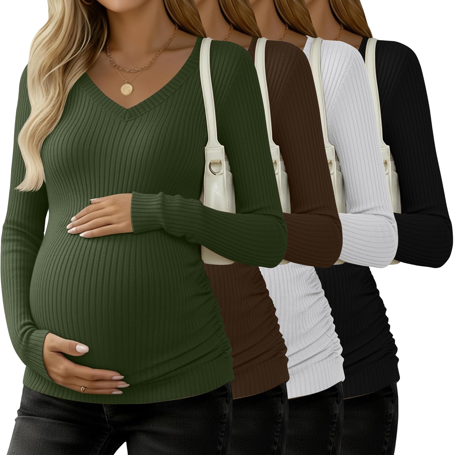 4 Pack Women's Maternity Shirts, Cotton Long Sleeve Pregnancy Tops Ribbed V Neck Slim Fit Maternity Clothes
