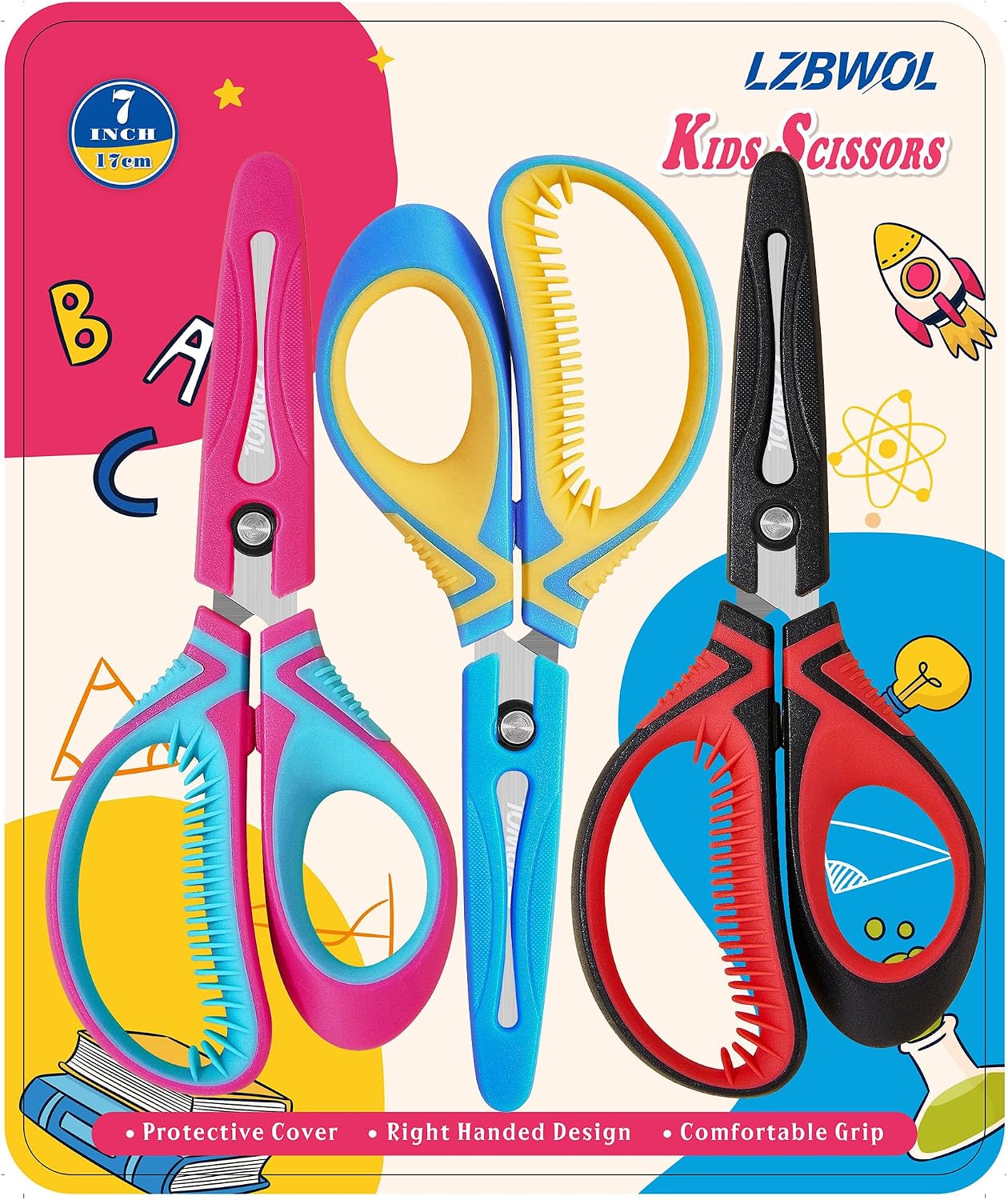 Kids Scissors Ages 8-12 for School, 7" Soft Comfort Grip, 3 Pack | Protective covers. Durable stainless steel blades perfect for class projects, classroom arts and crafts.