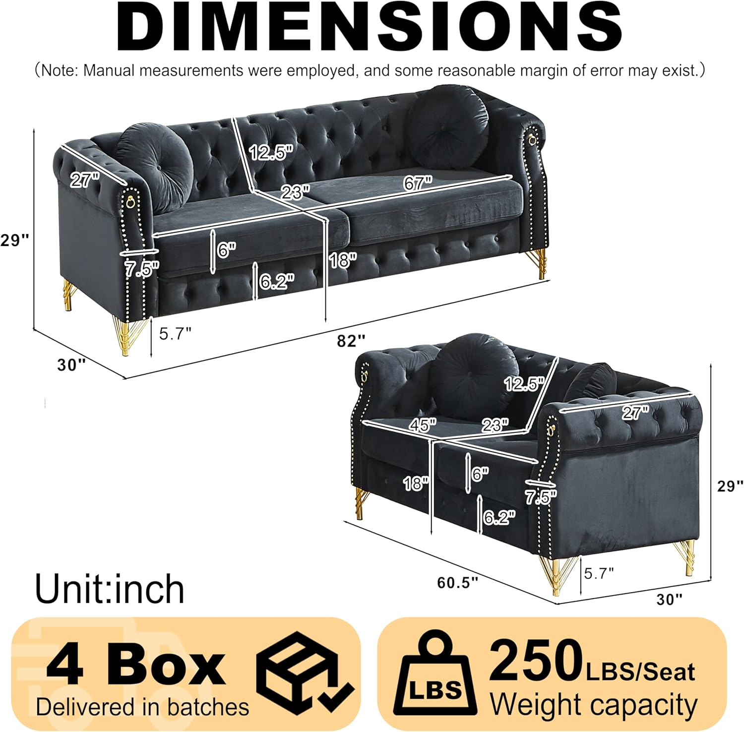 KEIKI 5 Seat Chesterfield Sofa, Retro Style Upholstered 3+2 Seats Velvet Couch with Rolled Arm for Living Room Bedroom Office, Black