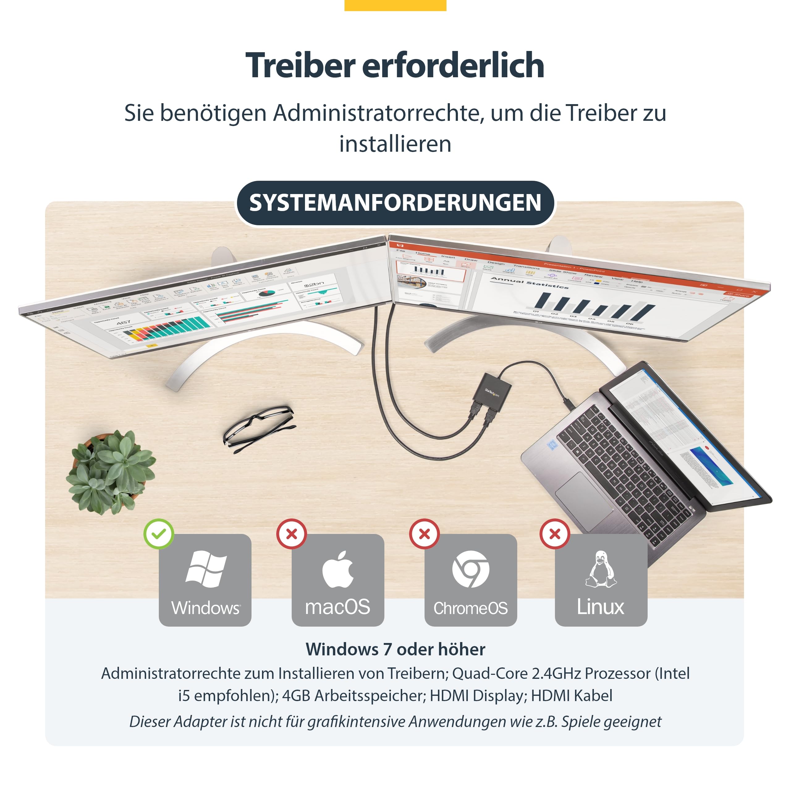 StarTech USB-A 3.0 auf Dual HDMI Adapter für Windows, Dual HDMI USB Bildschirm Konverter, 4K 30Hz und 1080p 60Hz, Mehrbildschirm-Modus: Erweitern oder Spiegeln