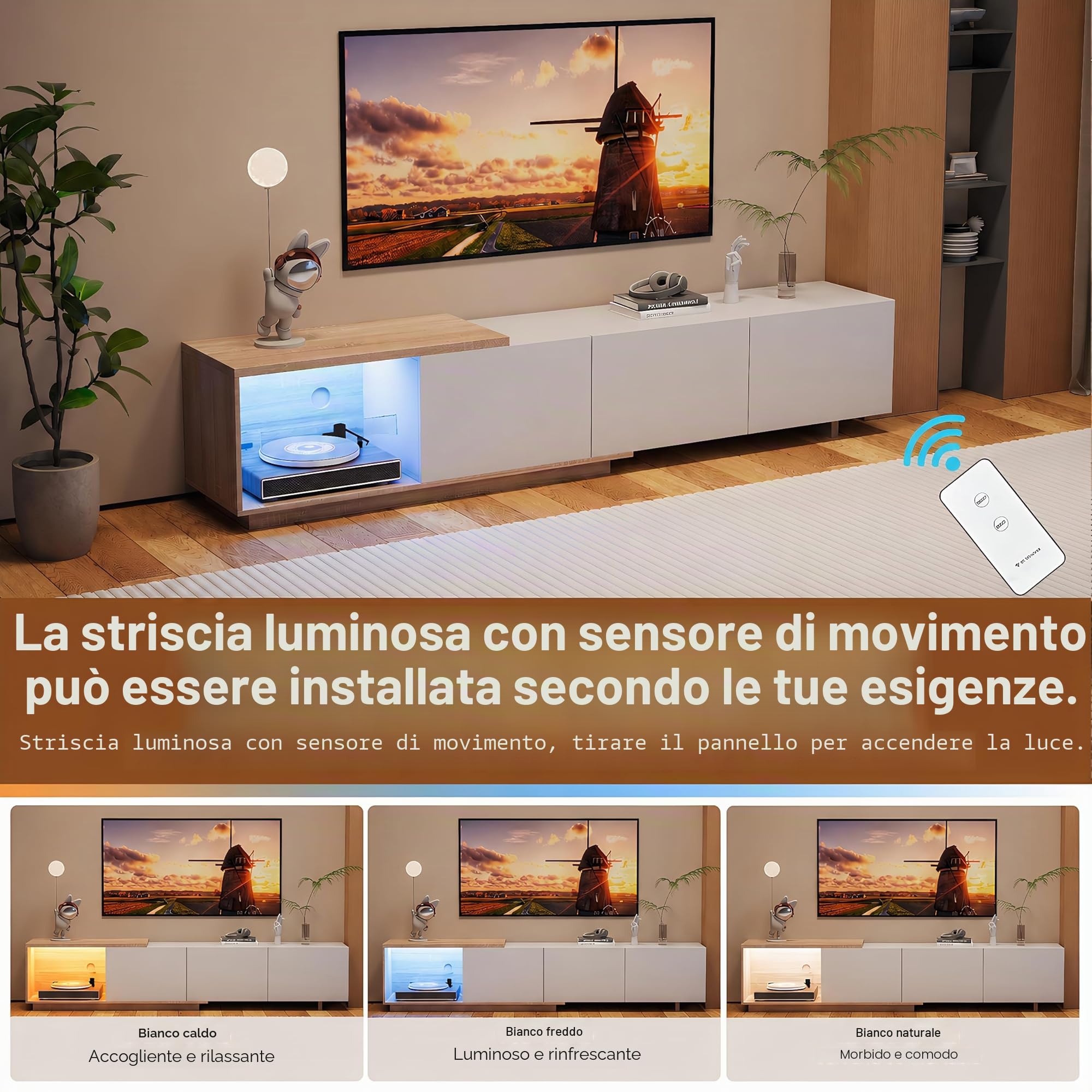 BRILVERDE Credenza TV Regolabile Moderna 163-240 cm, Bianco con Luci LED, 3 Cassetti - Mobile Soggiorno a Bassa Altezza, Finitura Lucida Effetto Legn (Bianco)