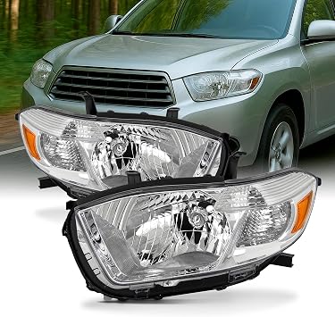 AKKON - Fits 2008 2009 2010 Toyota highlander [Halogen Type] Chrome Headlights Pair Left+Right Replacement