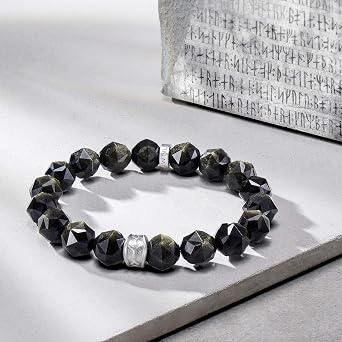 AWNL Men's Obsidian Beaded Bracelet with Sterling Silver Algiz Charm | 84-facet natural gemstone S925 silver bracelet; viking rune protection jewellery gift for men, husband or boyfriend