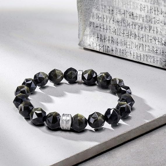 AWNL Men's Obsidian Beaded Bracelet with Sterling Silver Algiz Charm | 84-facet natural gemstone S925 silver bracelet; viking rune protection jewellery gift for men, husband or boyfriend
