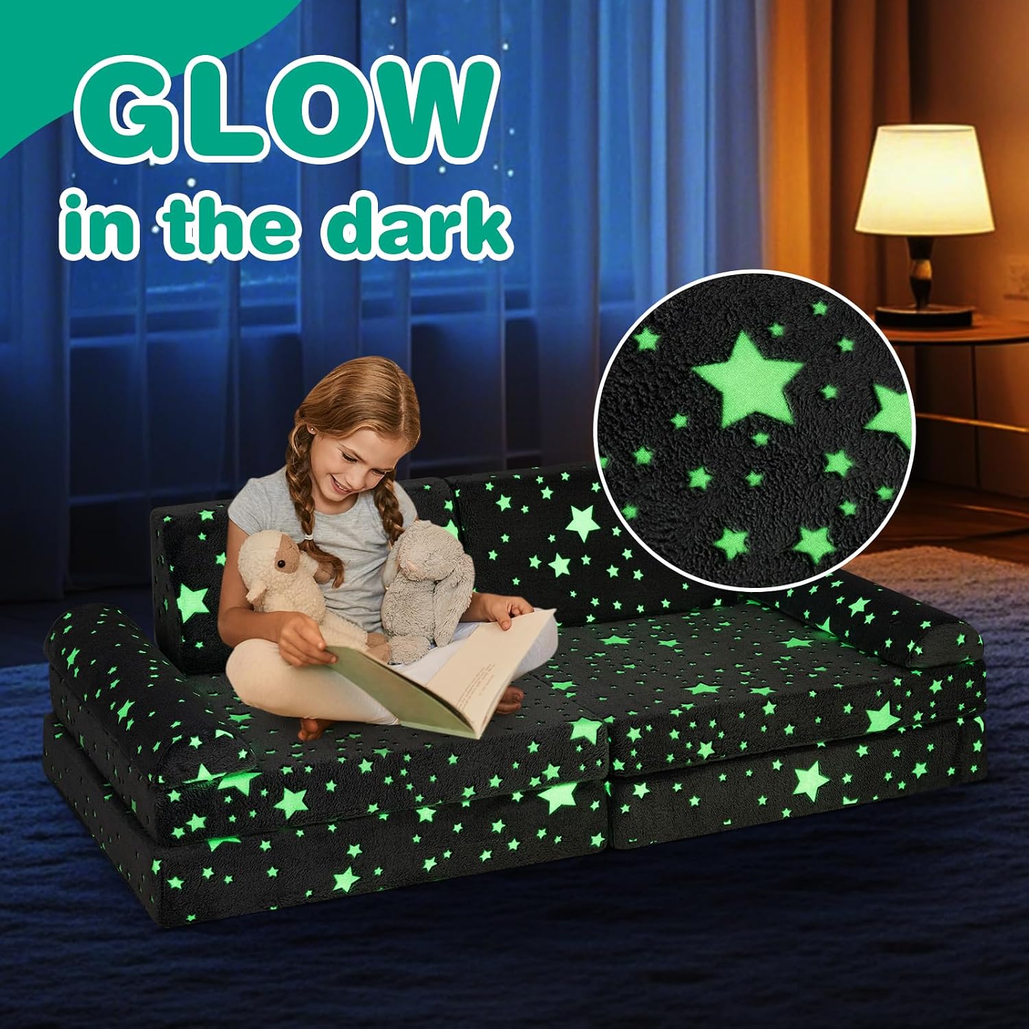 INFANS Modular Kids Play Couch, 8 PCS Fluorescent Toddler Creative Sectional Fort Building Sofa for Playroom, Bedroom, Children Convertible Soft Foam Furniture Playset Floor Cushion Boys Girls