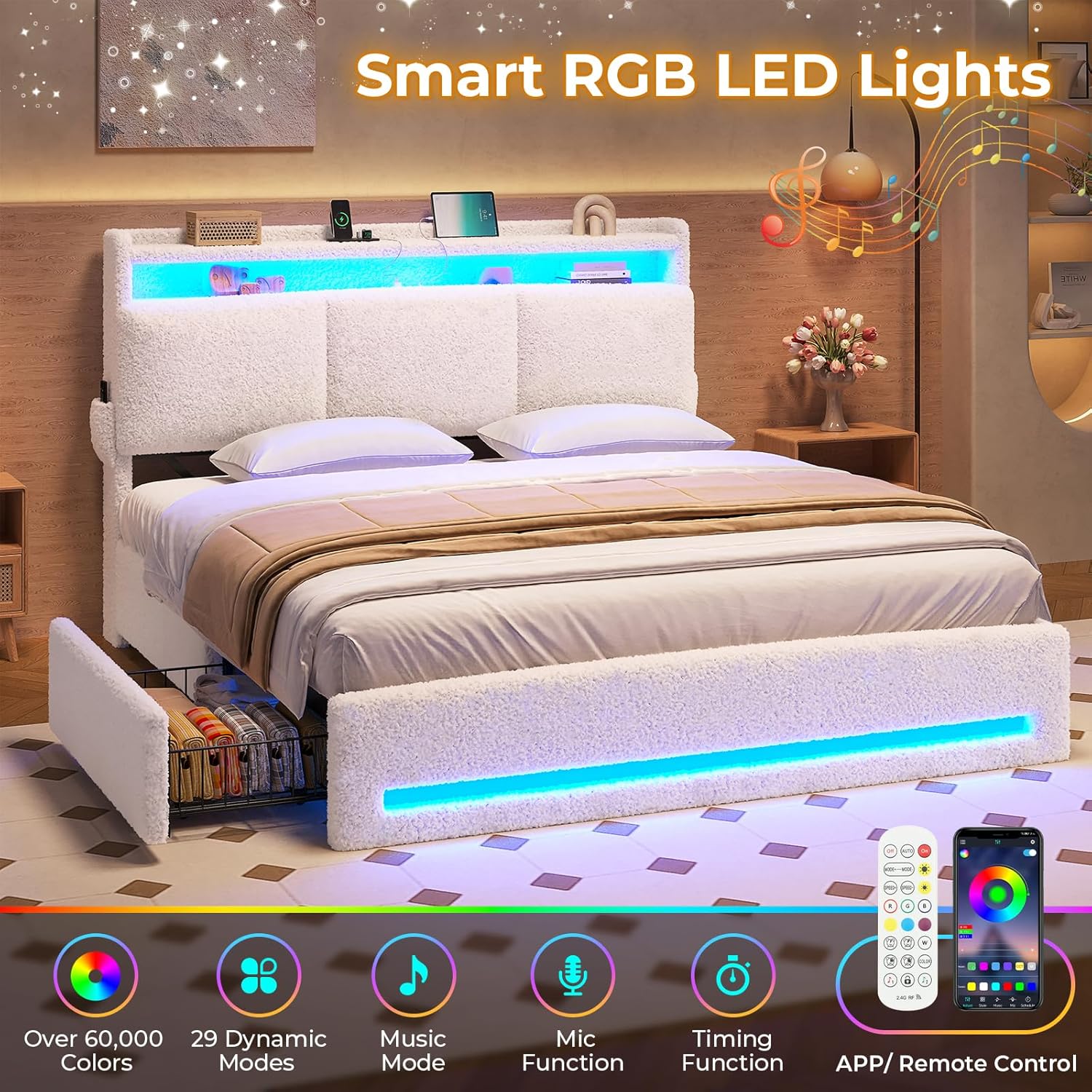 MSmask Boucle Bed Frame Queen Size, Upholstered Bed Frame with Storage Headboard and 4 Drawers, Soft Platform Bed with LED Lights and Charging Station, No Box Spring Needed, Off-White