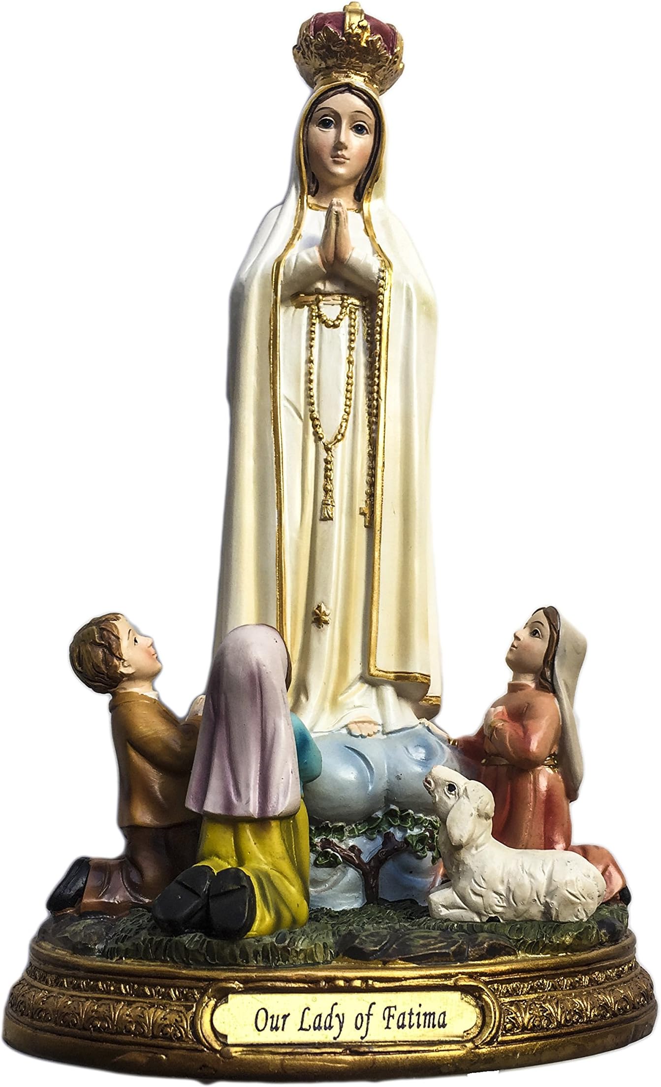 Our Lady of Fatima with Children Tabletop Statue. Catholic 8" Standing Statue of Blessed Mother with 3 Small Children Praying- Includes Our Lady of Fatima Prayer Card