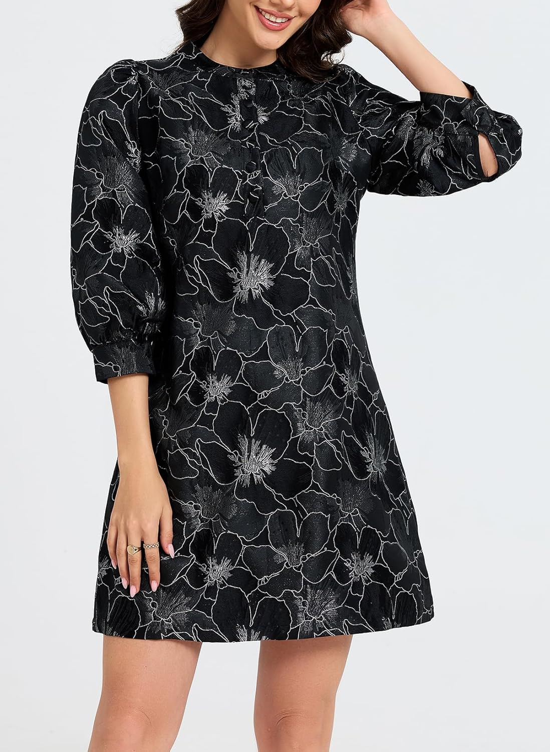 LADYFUL Women's Floral Jacquard Shift Dress 2026 Long Puff Sleeve Button Up Elegant Cocktail Party Mini Dress - Image 5