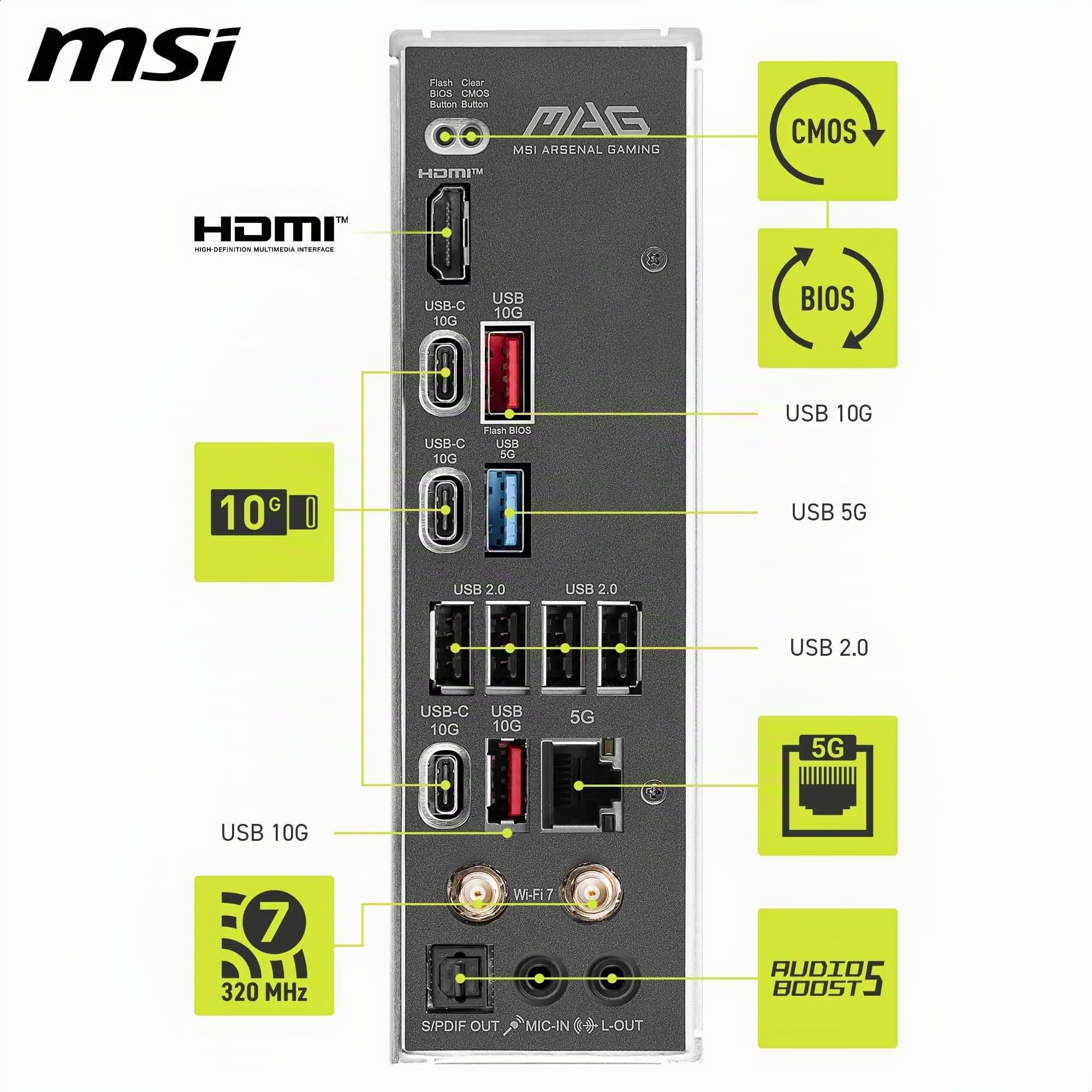 MSI Carte mère MAG B850 TOMAHAWK MAX WIFI, ATX - Prend en charge les processeurs AMD Ryzen 9000/8000/7000, AM5-80A SPS VRM, DDR5 Memory Boost 8400+ MT/s (OC), PCIe 5.0 x16, M.2 Gen5, Wi-Fi 7, 5G LAN